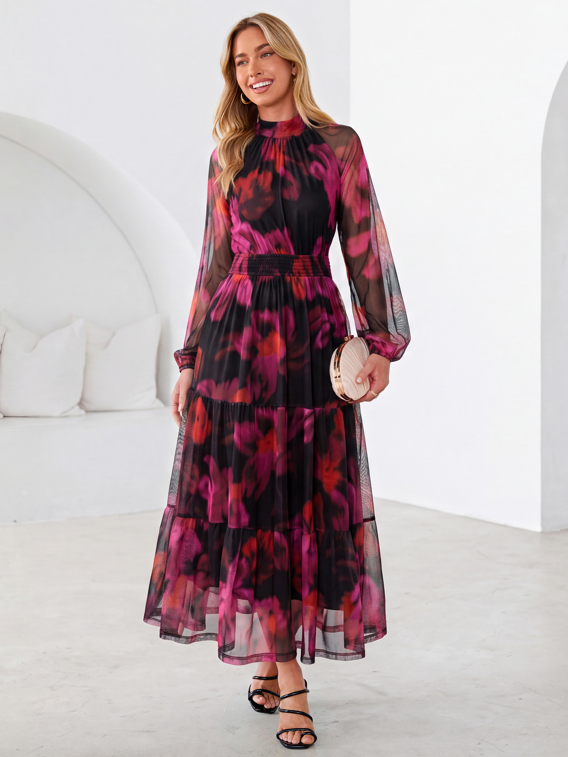 Fall Floral Flowy Tiered Long Sleeve Maxi Dress