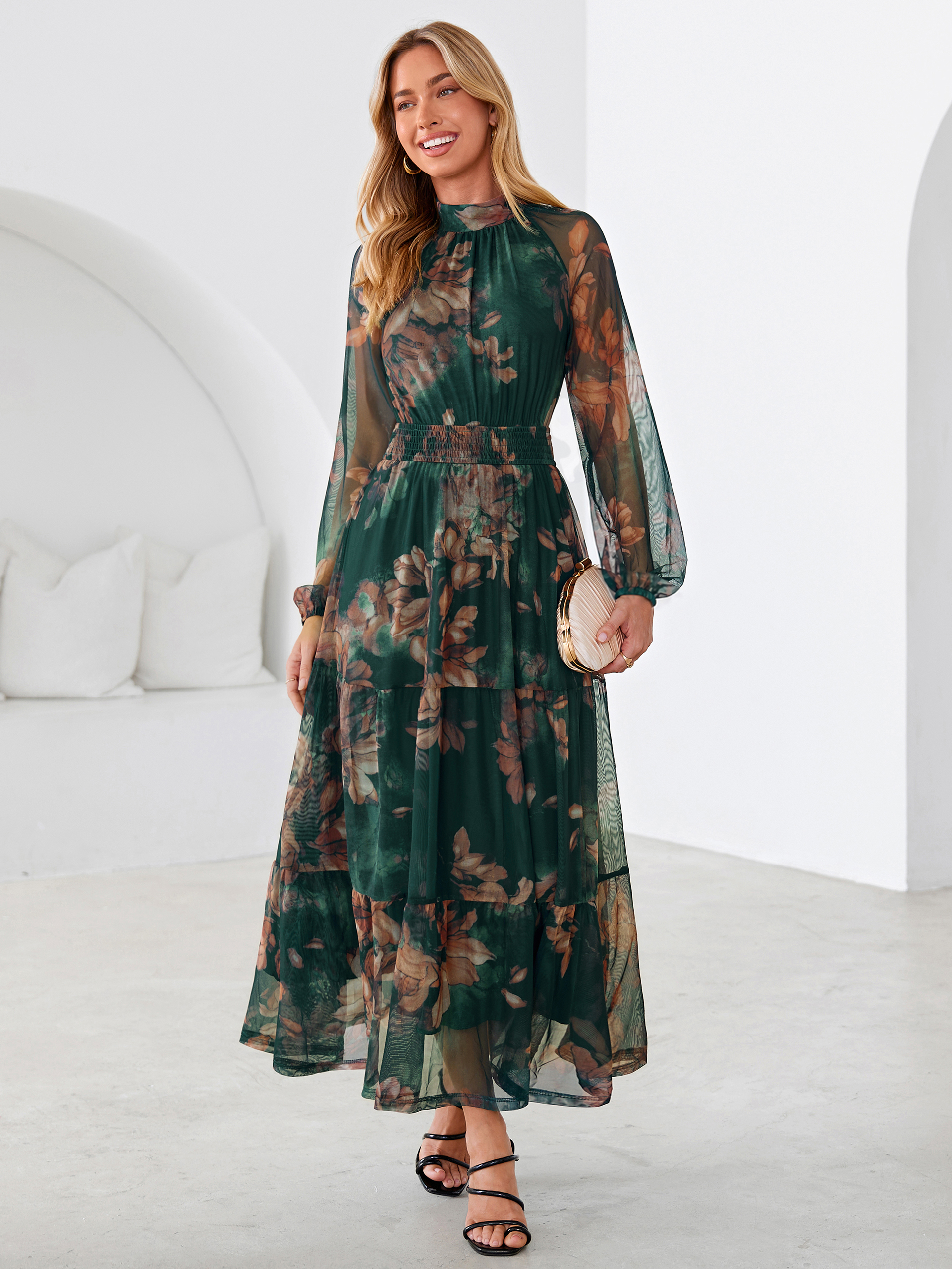 Fall Floral Flowy Tiered Long Sleeve Maxi Dress