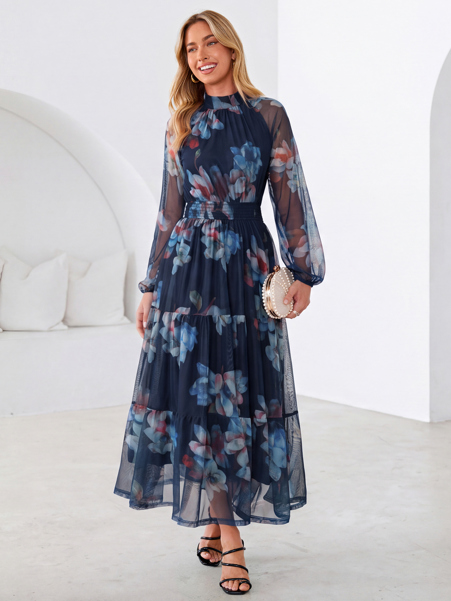 Fall Floral Flowy Tiered Long Sleeve Maxi Dress