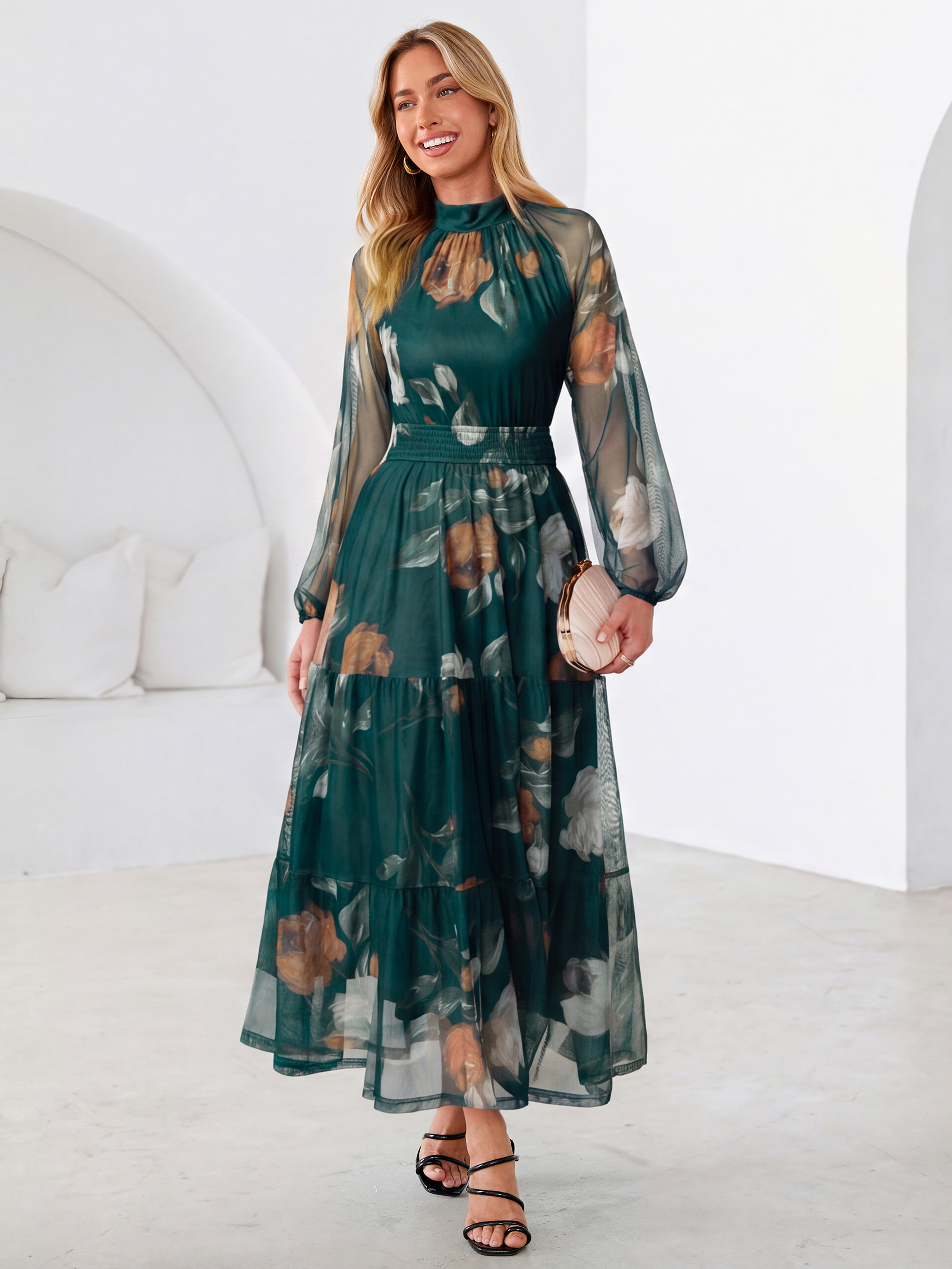 Fall Floral Flowy Tiered Long Sleeve Maxi Dress