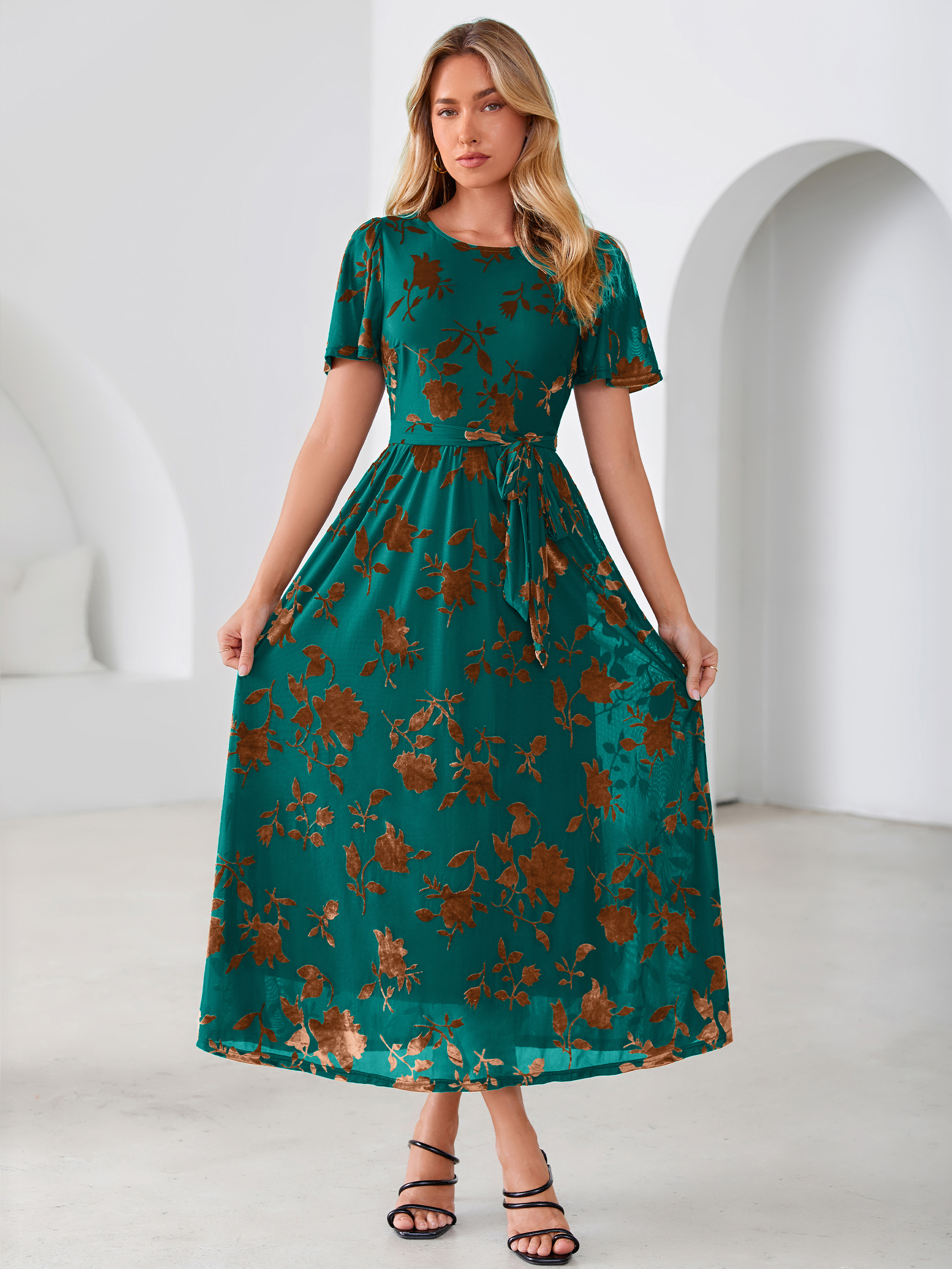 Velvet Floral Tie Waist Flutter Sleeve Maxi Dress