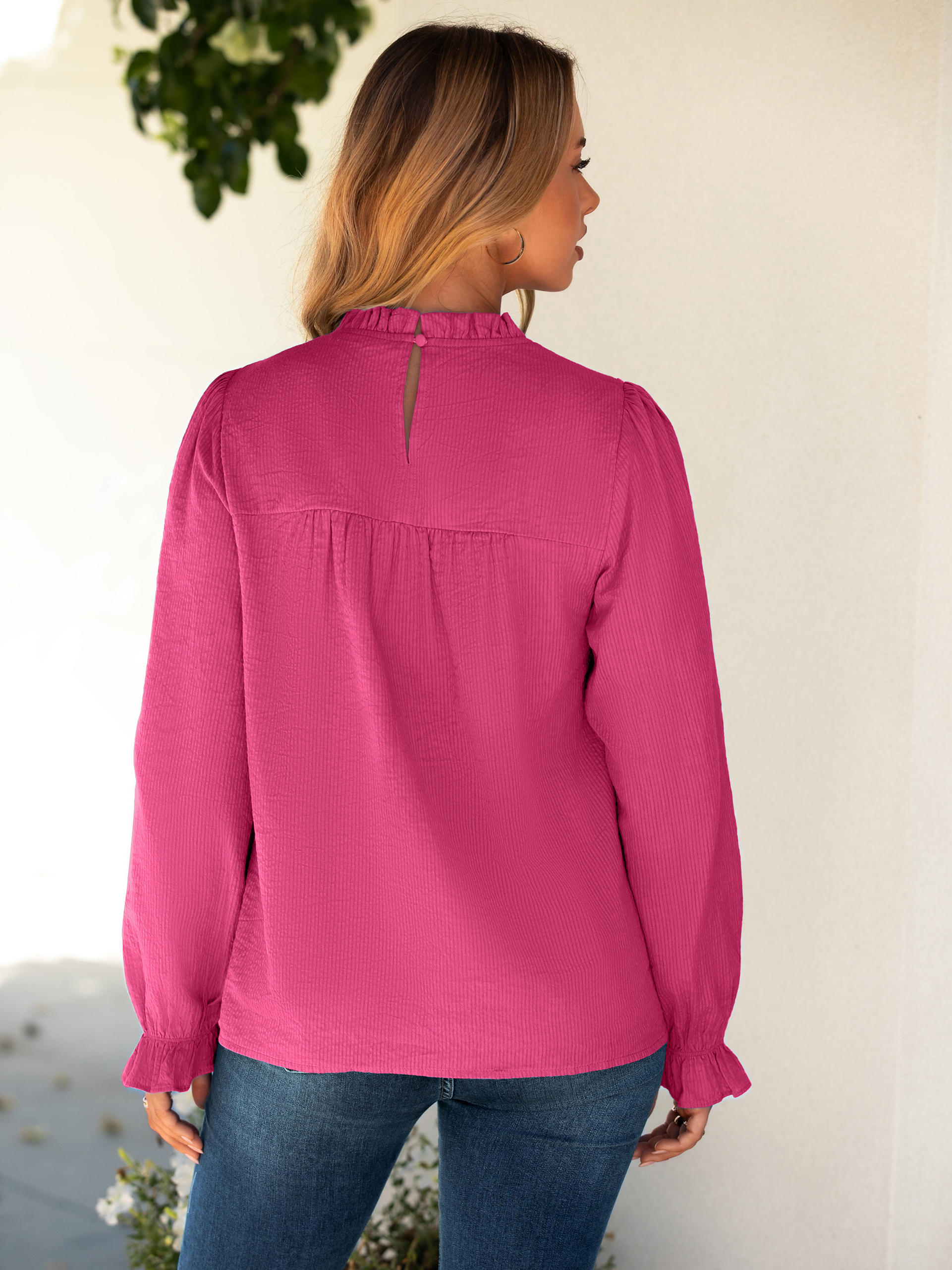 Eyelet Lace Long Sleeve Cotton Blouse - Rose Red