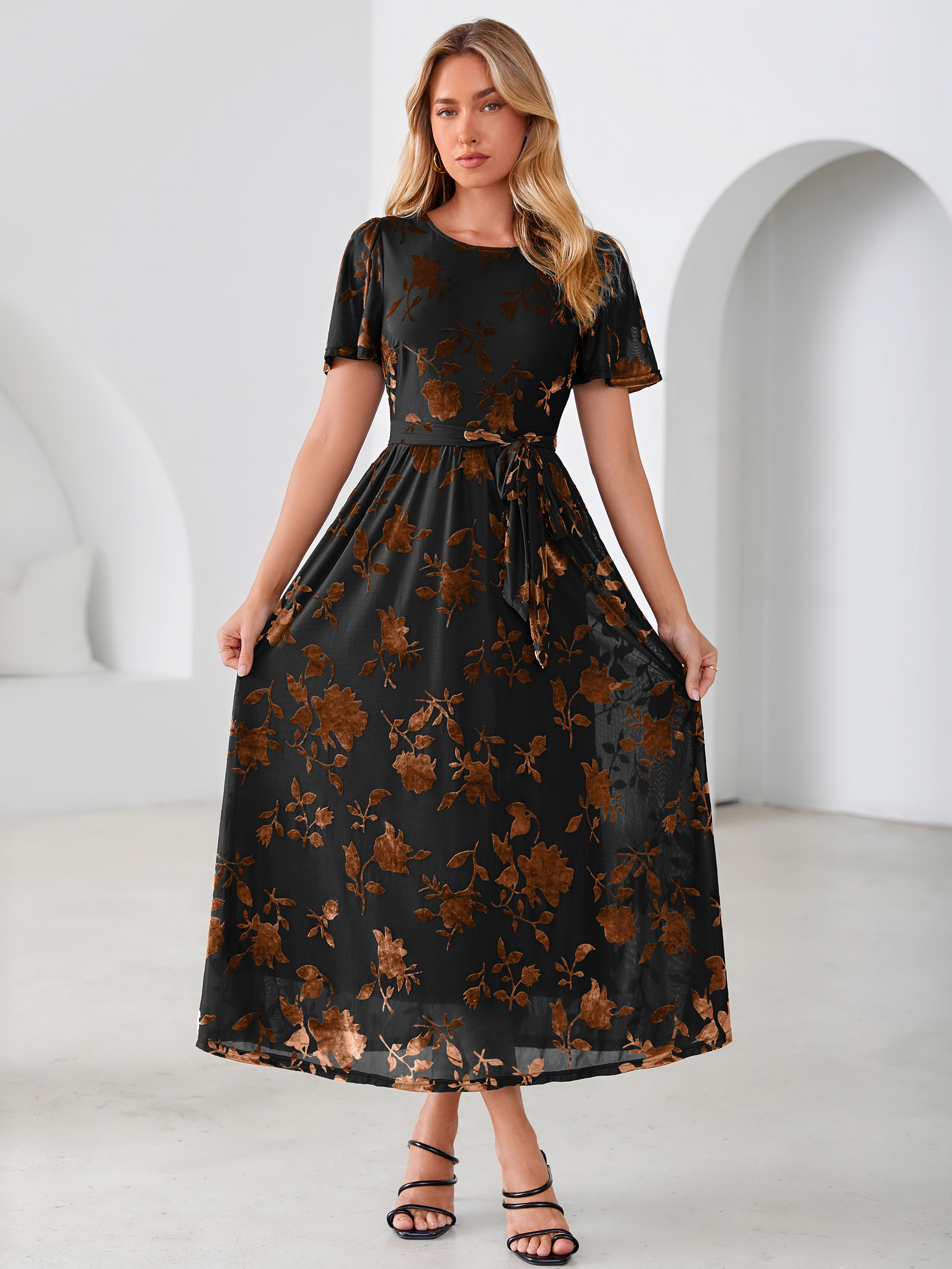 Velvet Floral Tie Waist Flutter Sleeve Maxi Dress