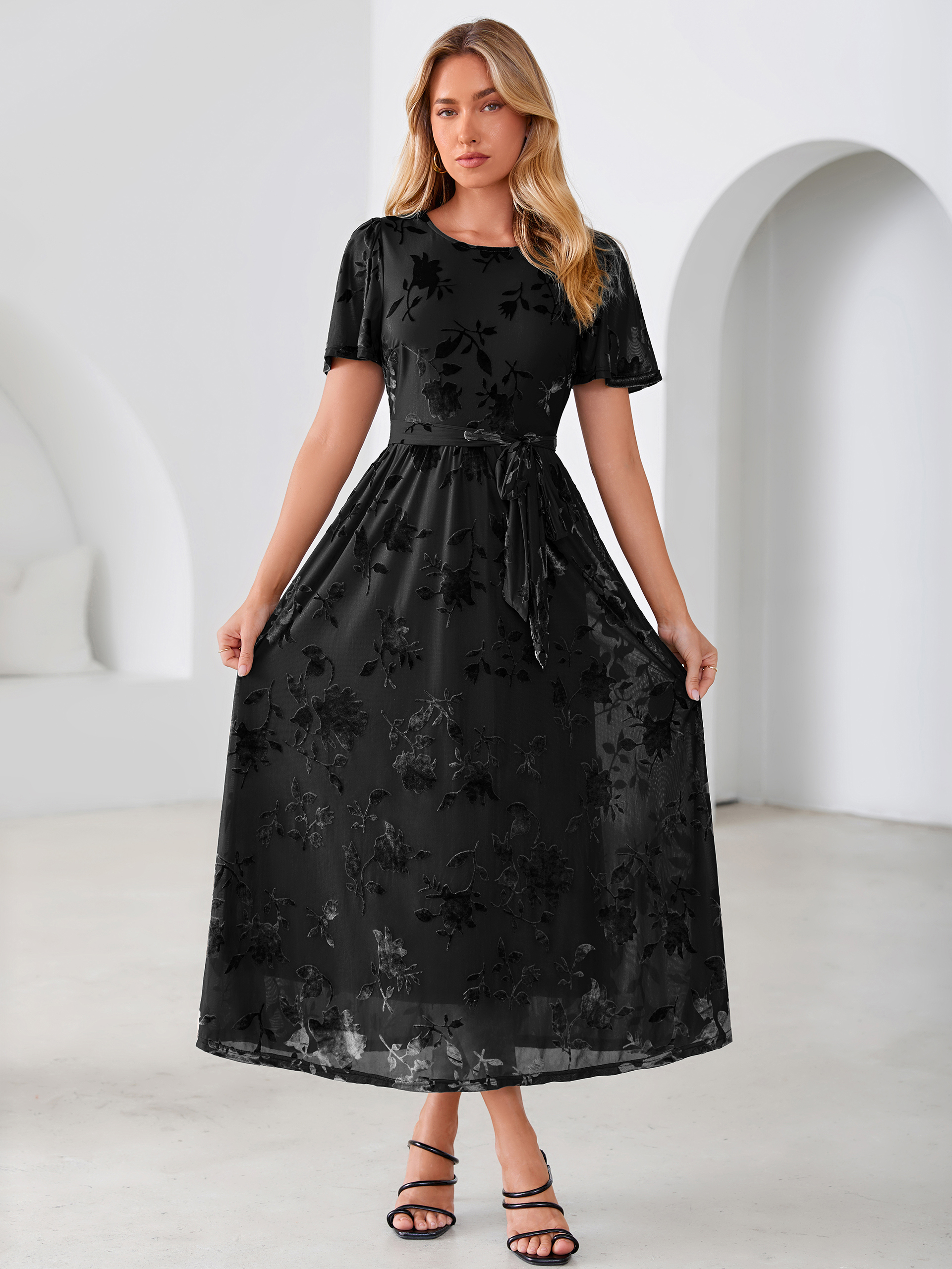 Velvet Floral Tie Waist Flutter Sleeve Maxi Dress