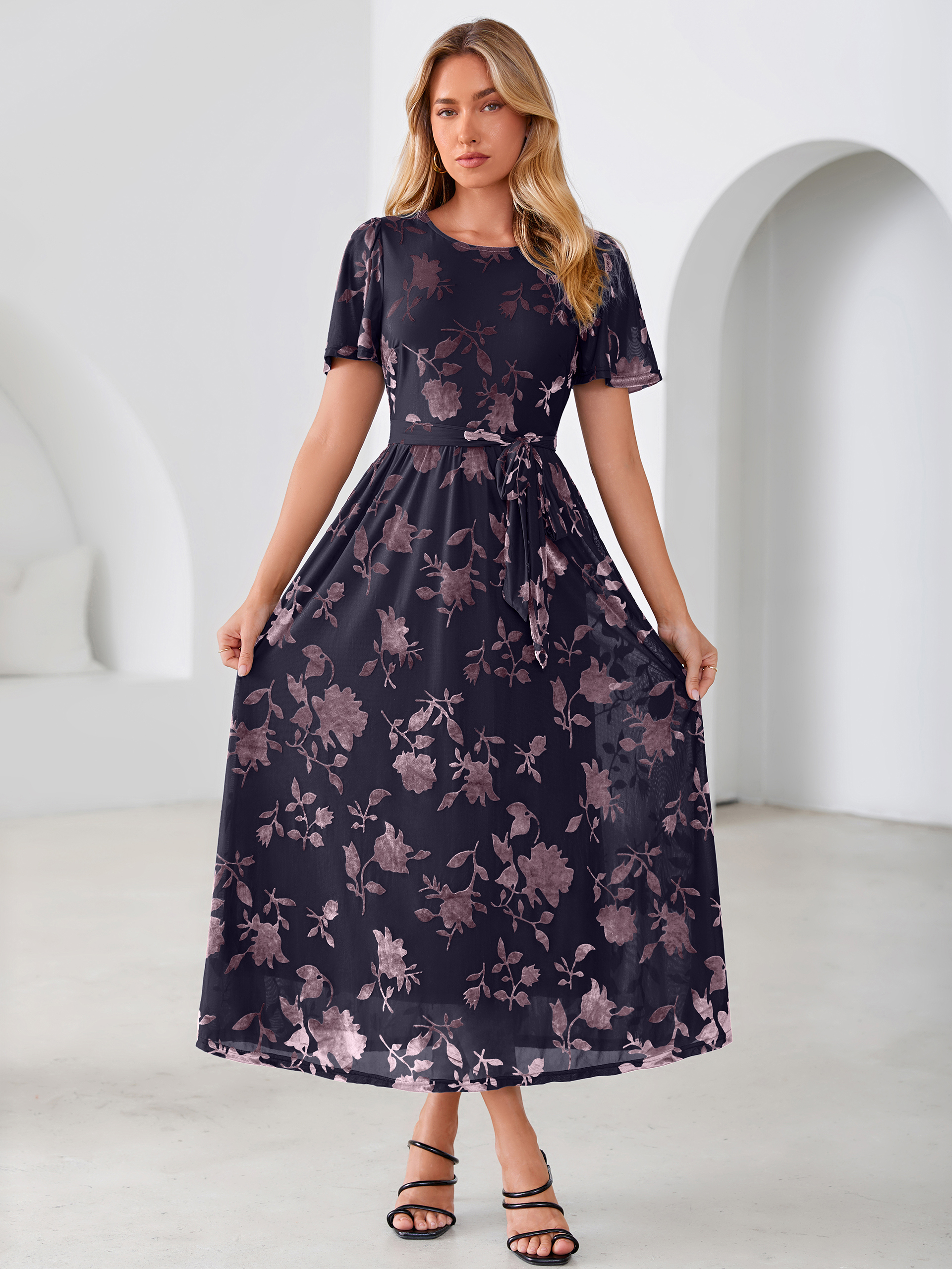 Velvet Floral Tie Waist Flutter Sleeve Maxi Dress