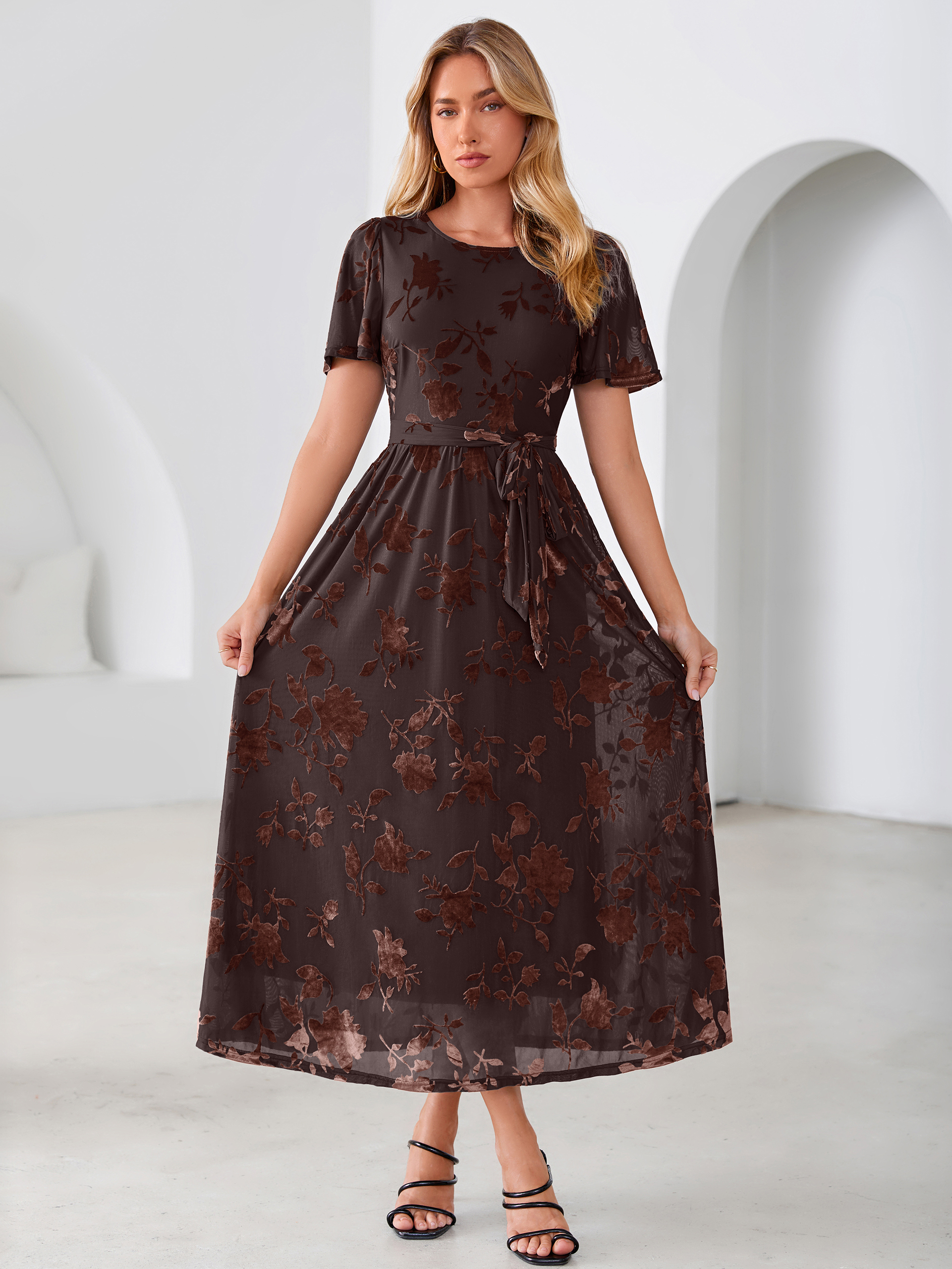 Velvet Floral Tie Waist Flutter Sleeve Maxi Dress