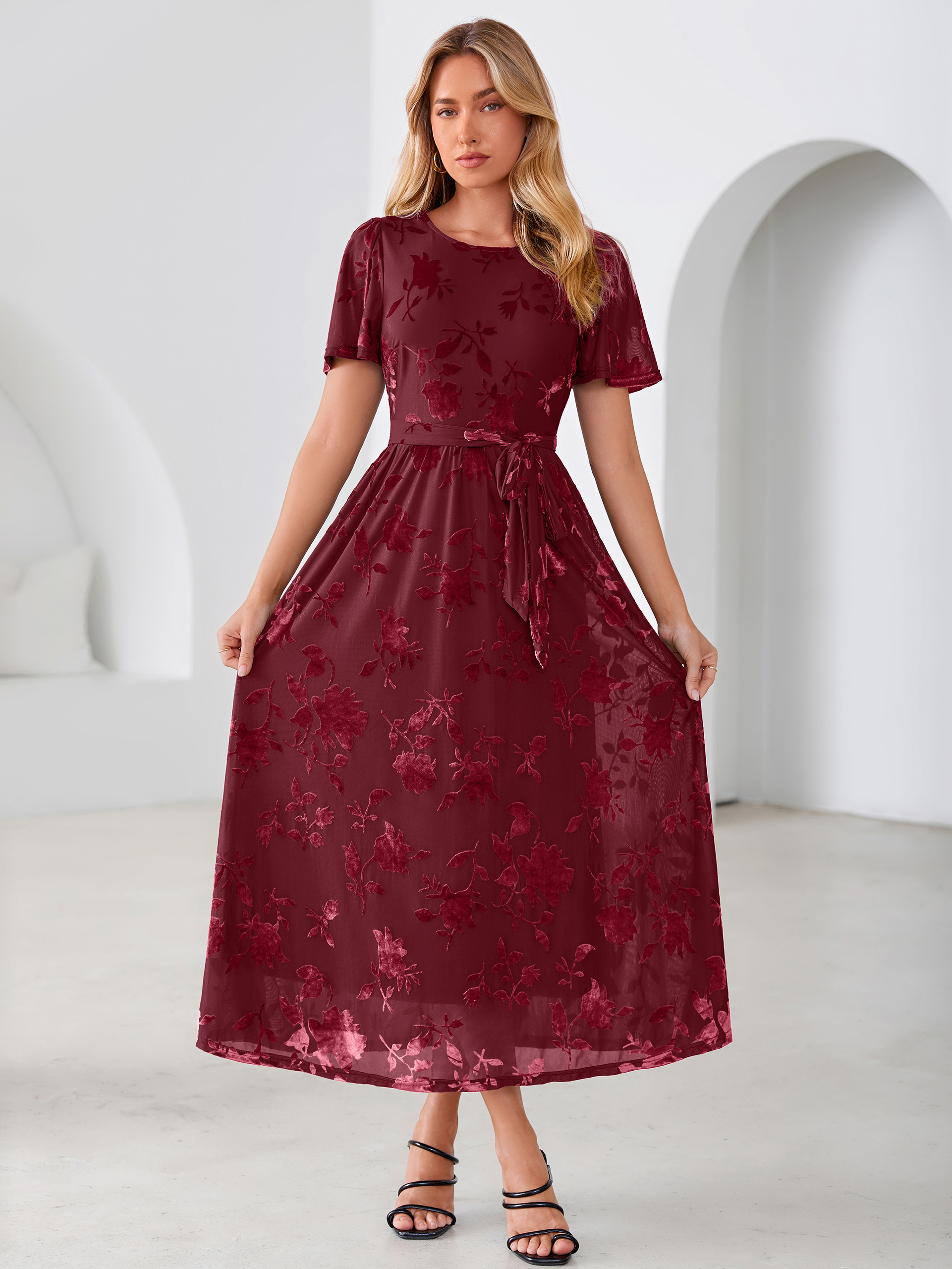 Velvet Floral Tie Waist Flutter Sleeve Maxi Dress