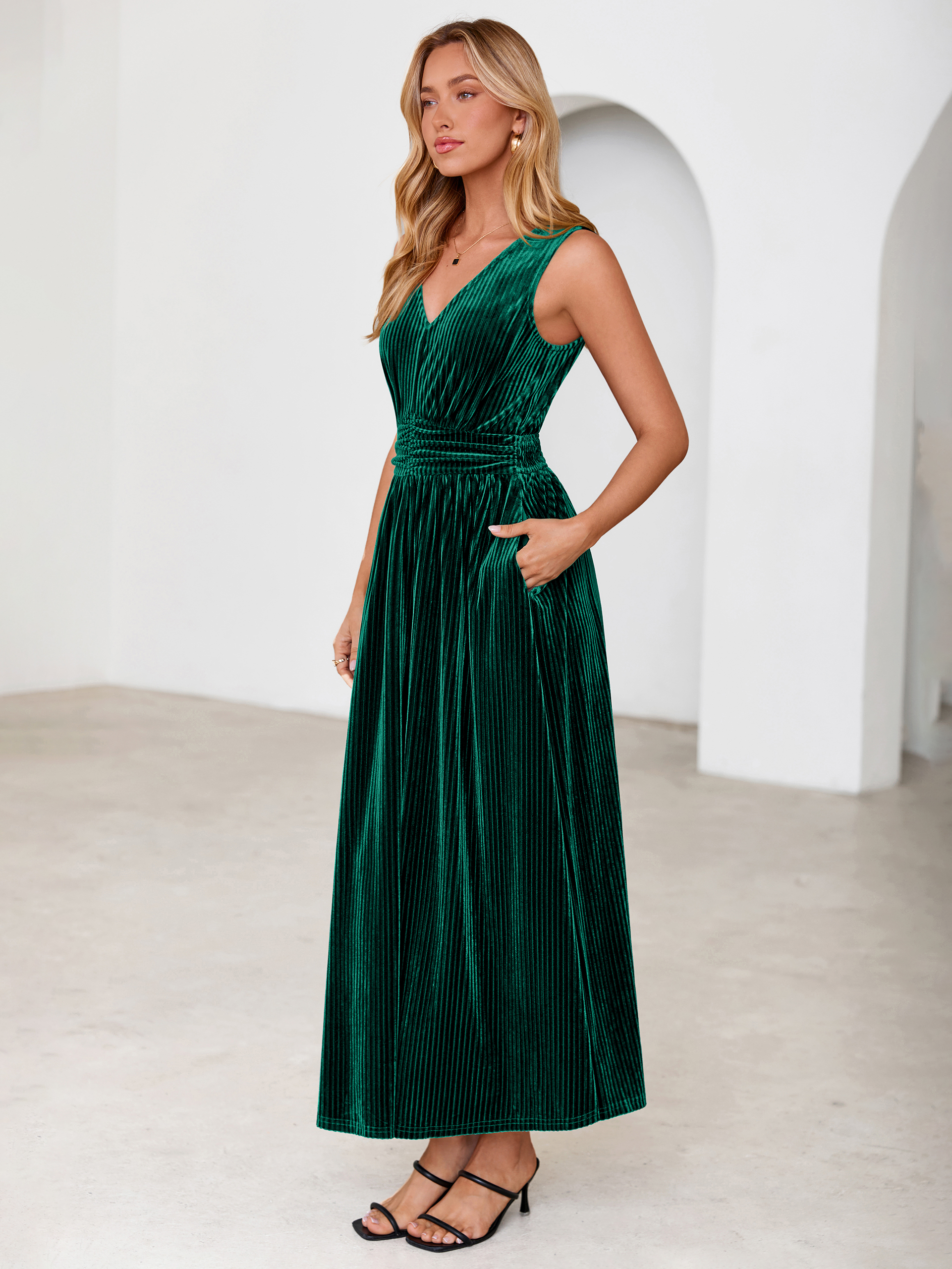 Sleeveless Deep V Neck Ribbed Velvet Maxi Dress