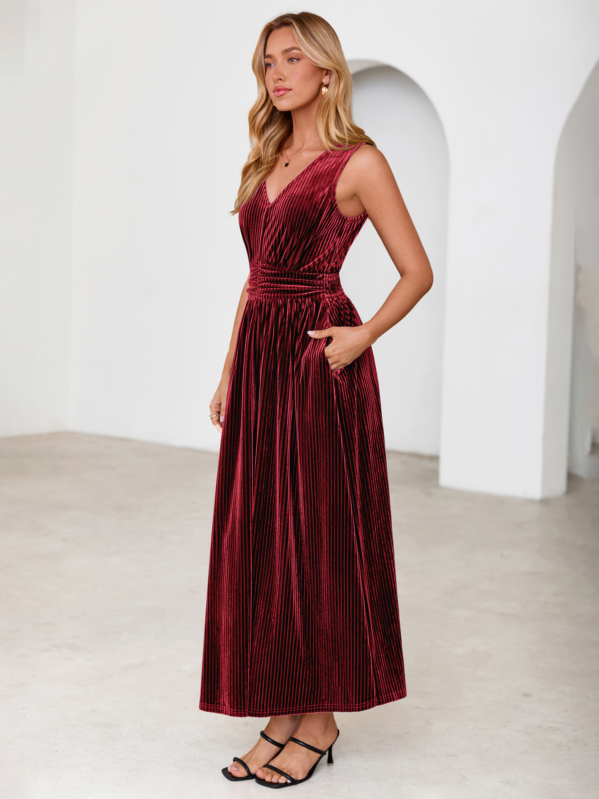 Sleeveless Deep V Neck Ribbed Velvet Maxi Dress