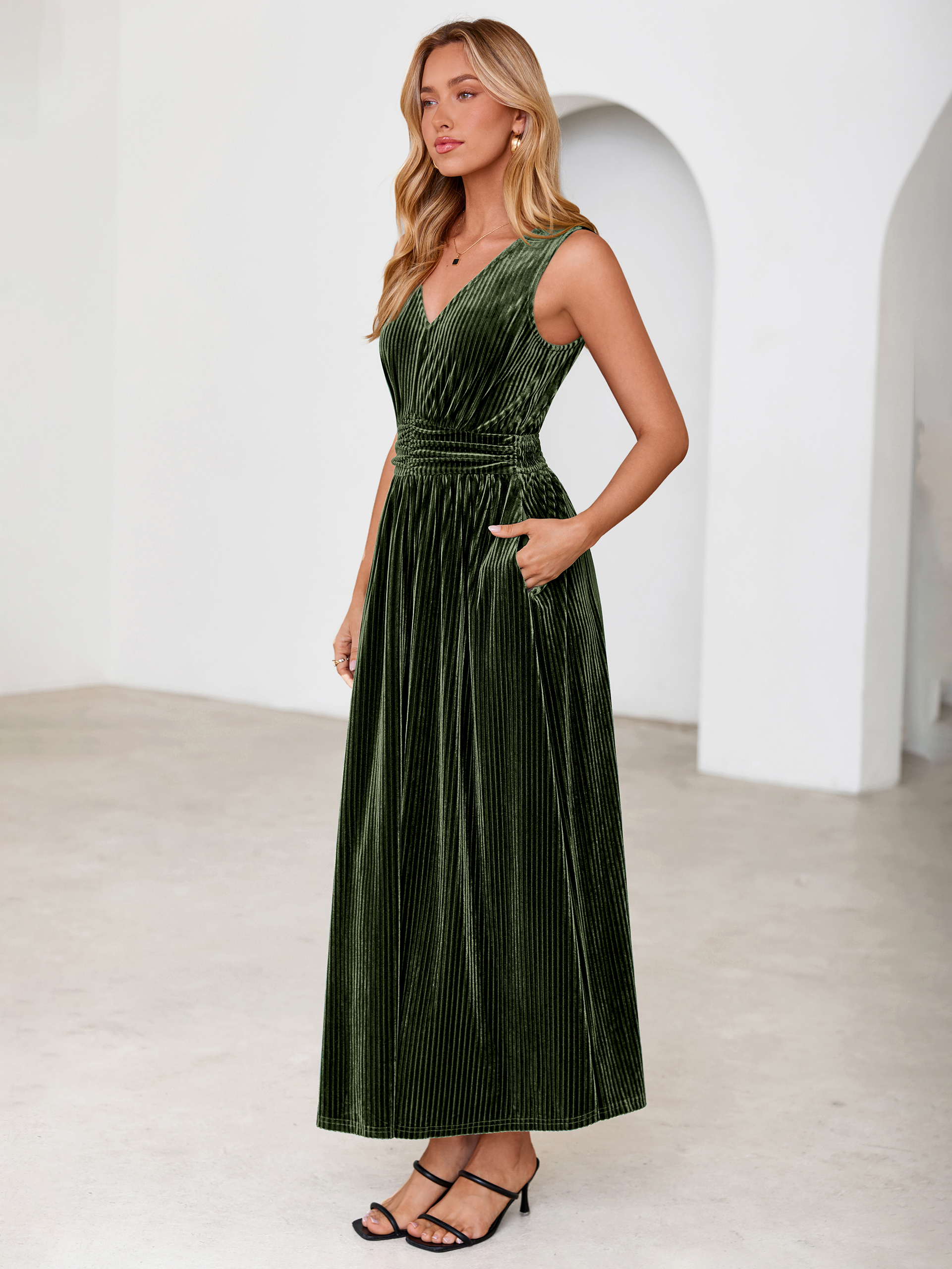 Sleeveless Deep V Neck Ribbed Velvet Maxi Dress