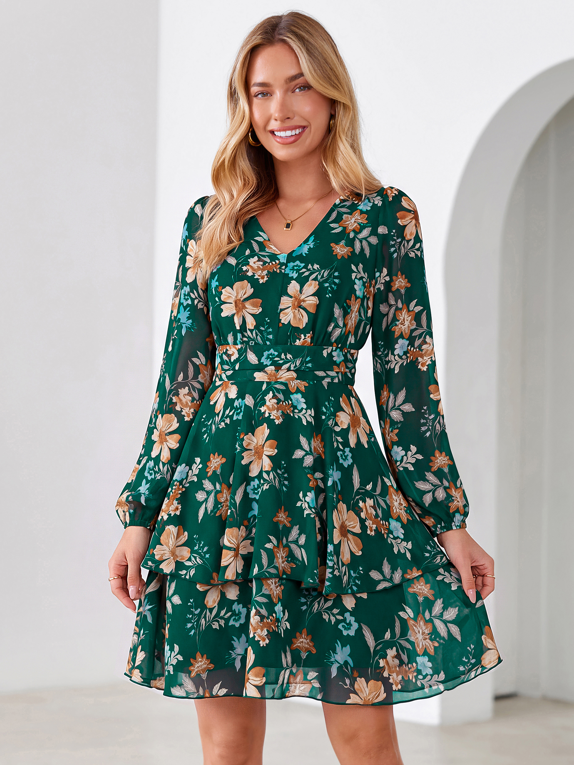 Long Sleeve Floral Chiffon A-Line Mini Dress