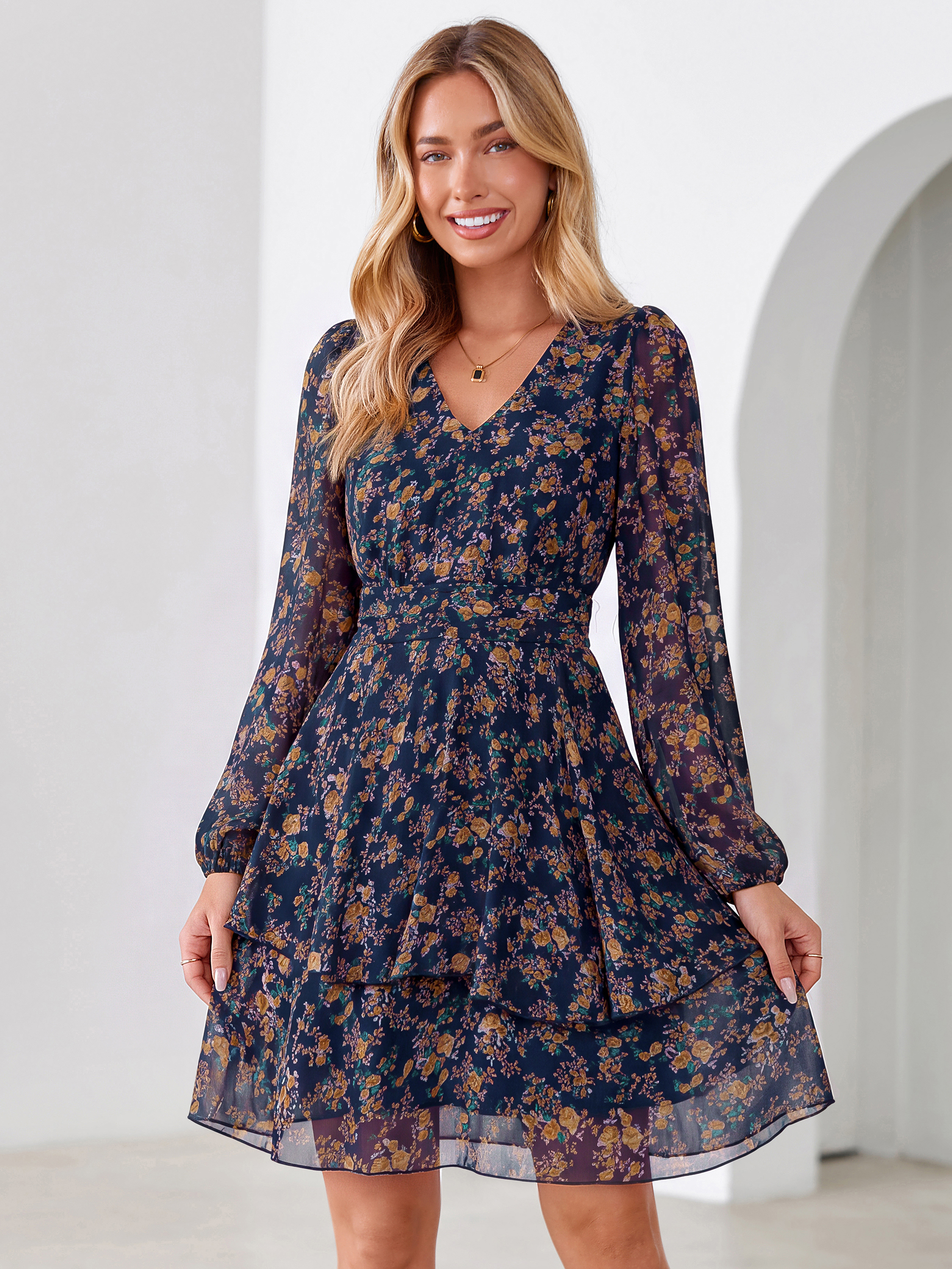 Long Sleeve Floral Chiffon A-Line Mini Dress