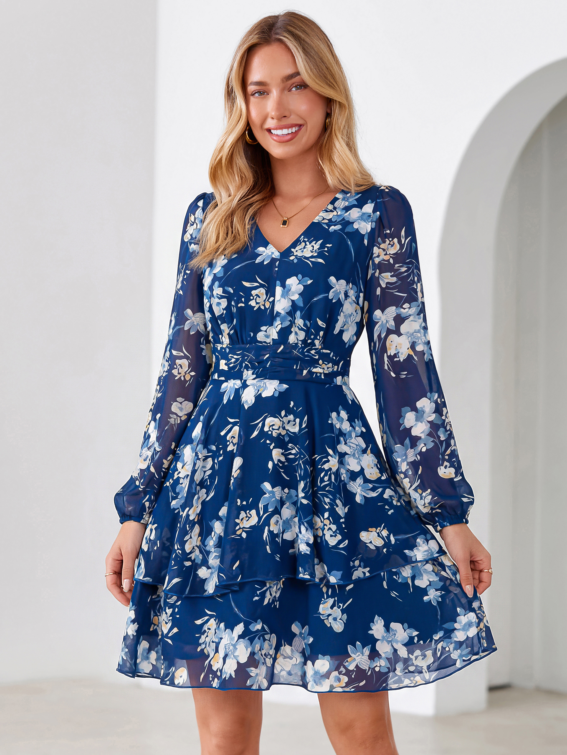 Long Sleeve Floral Chiffon A-Line Mini Dress