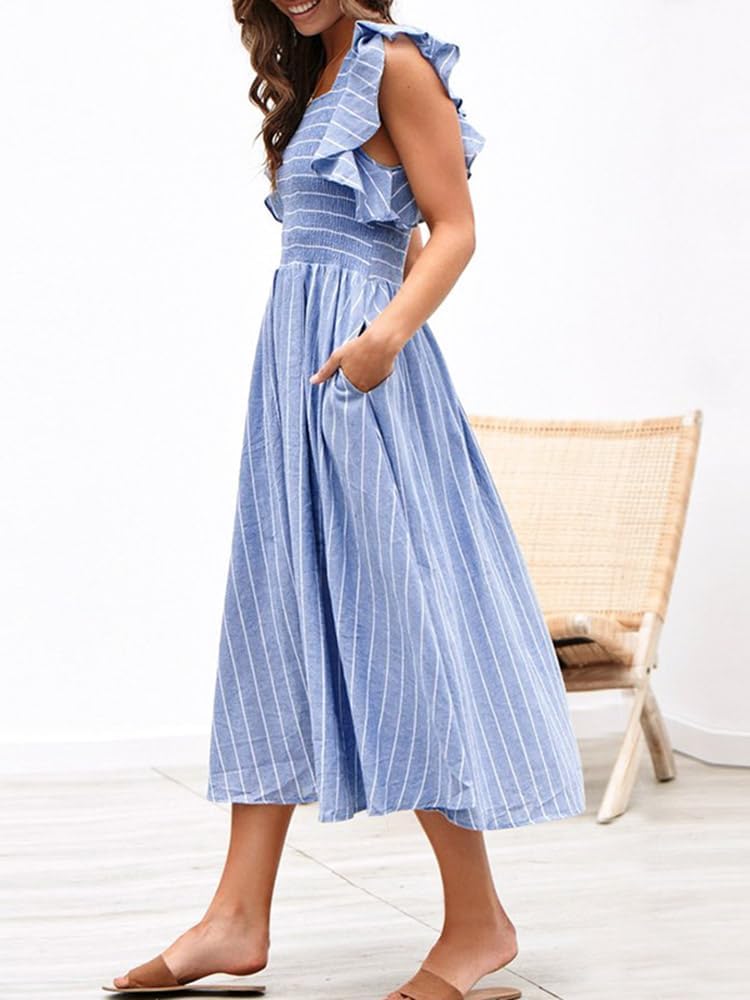 Striped Puff Sleeve Smocked A Line Midi Dress - Blue Stripe