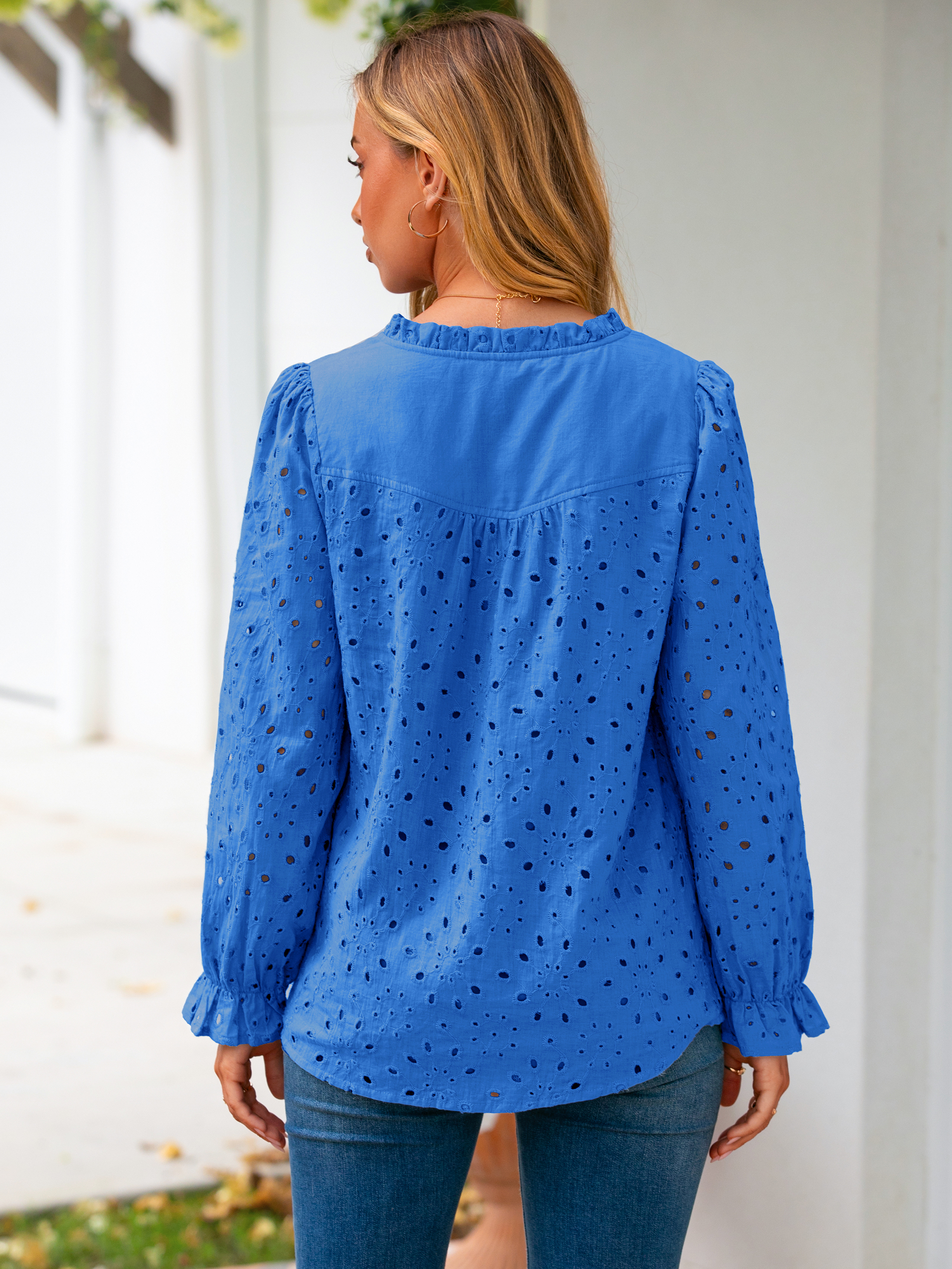 Eyelet Lace Puff Sleeve Button Down Blouse