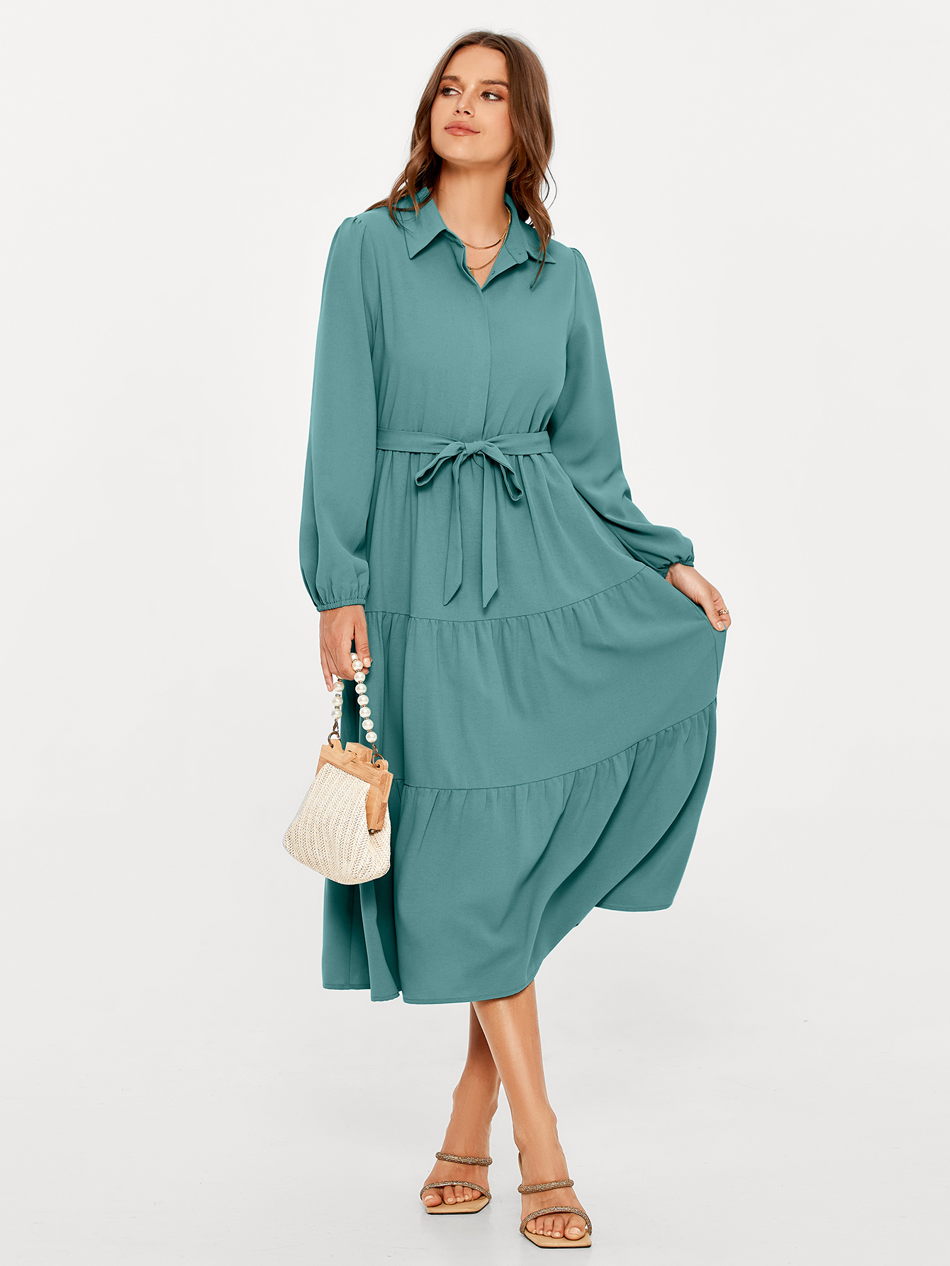 Button Up Lantern Sleeve Flowy Maxi Dress