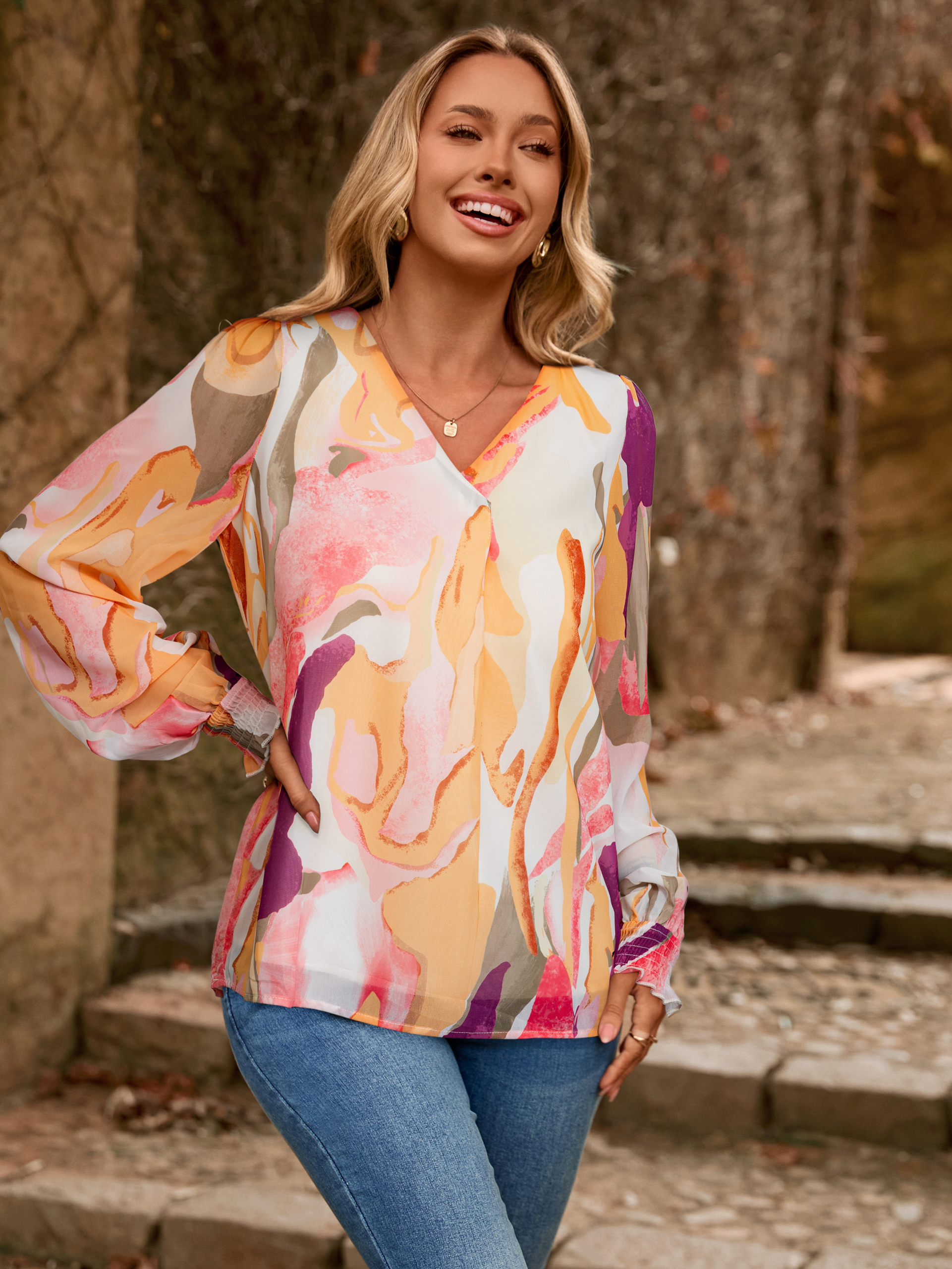 Floral V Neck Long Sleeve Blouse