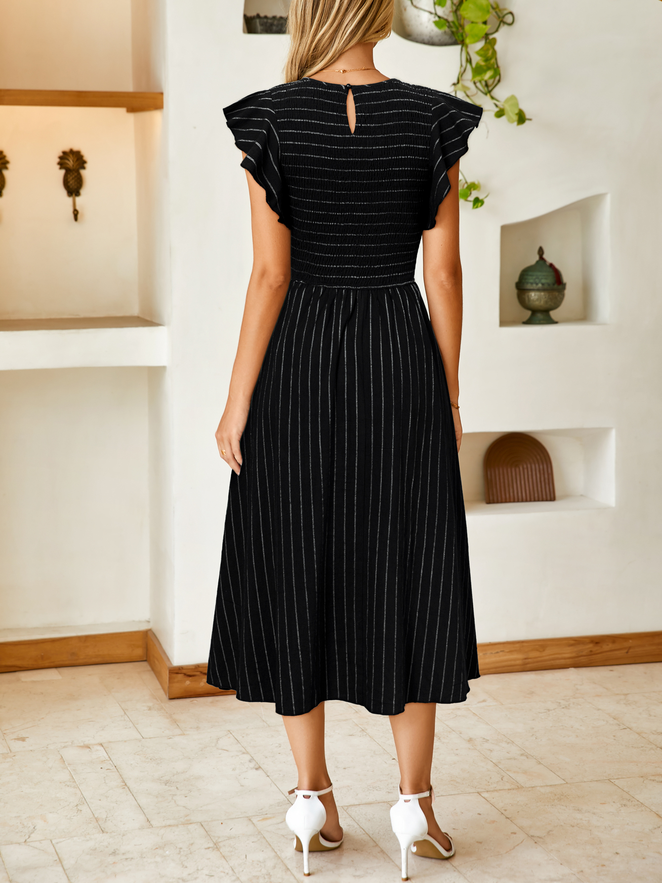 Striped Smocked Midi Dress with Flutter Sleeves
