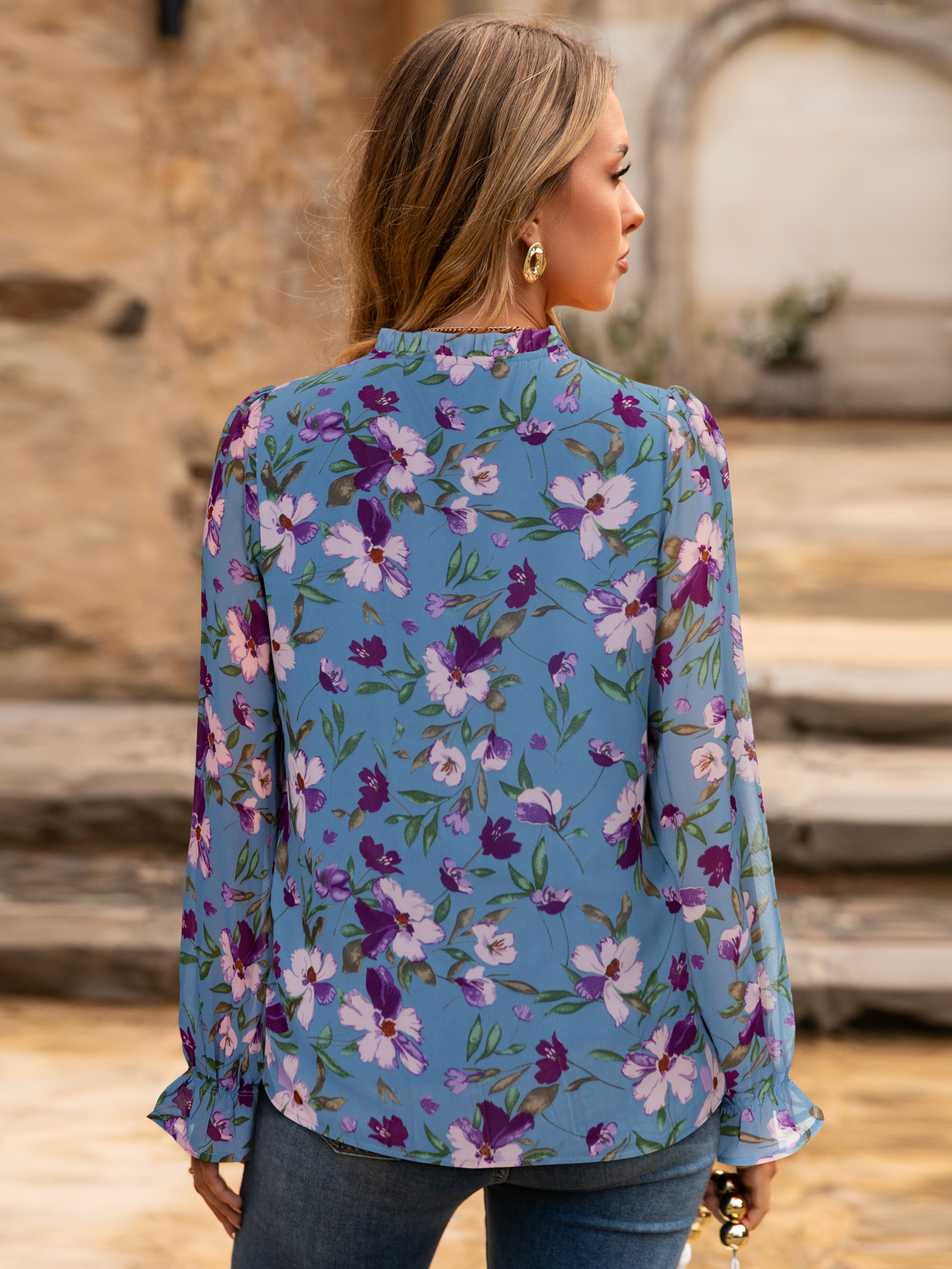 Floral V Neck Puff Sleeve Chiffon Blouse