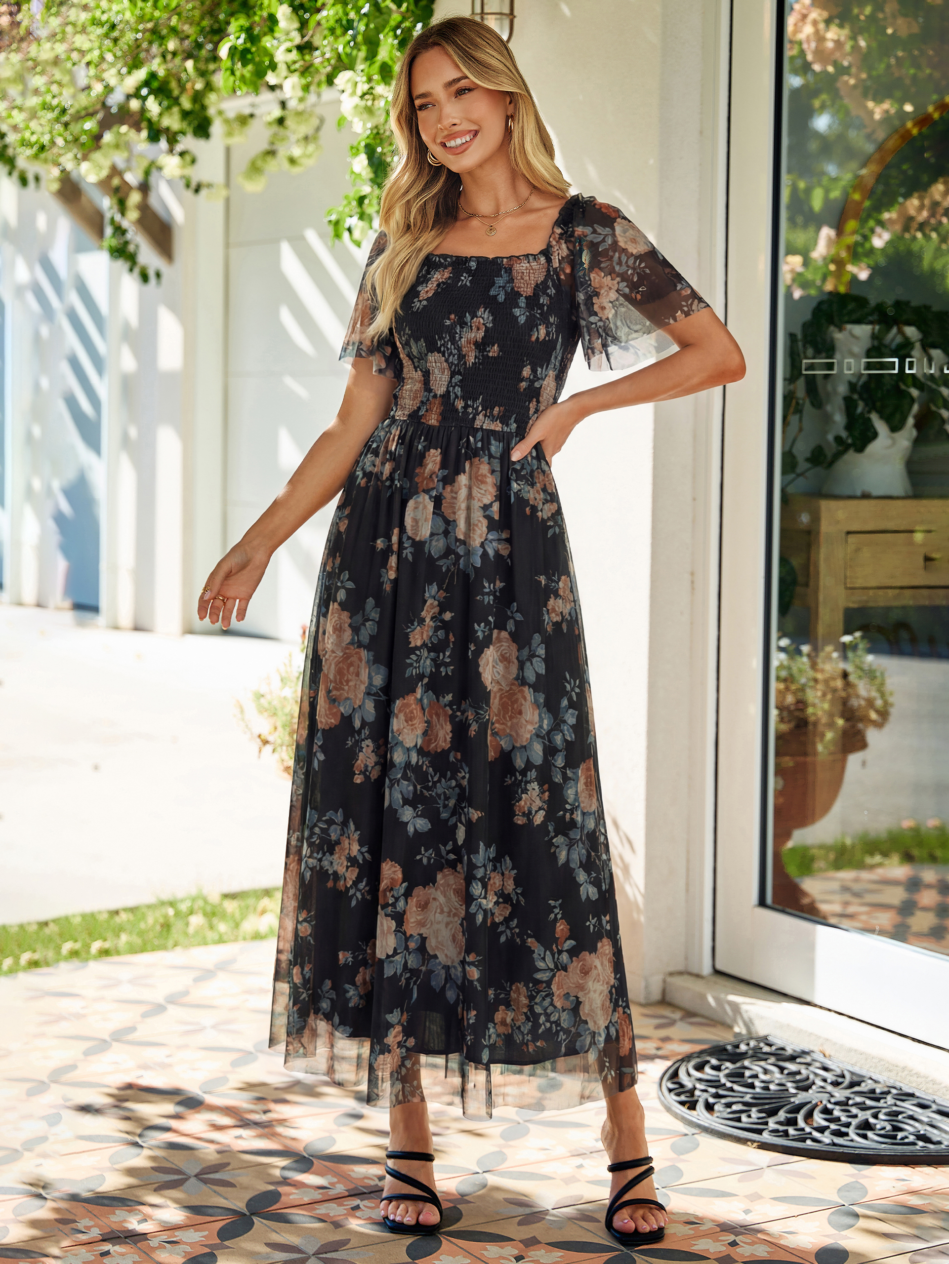 Floral Square Neck Smocked Flutter Sleeve Maxi Dress