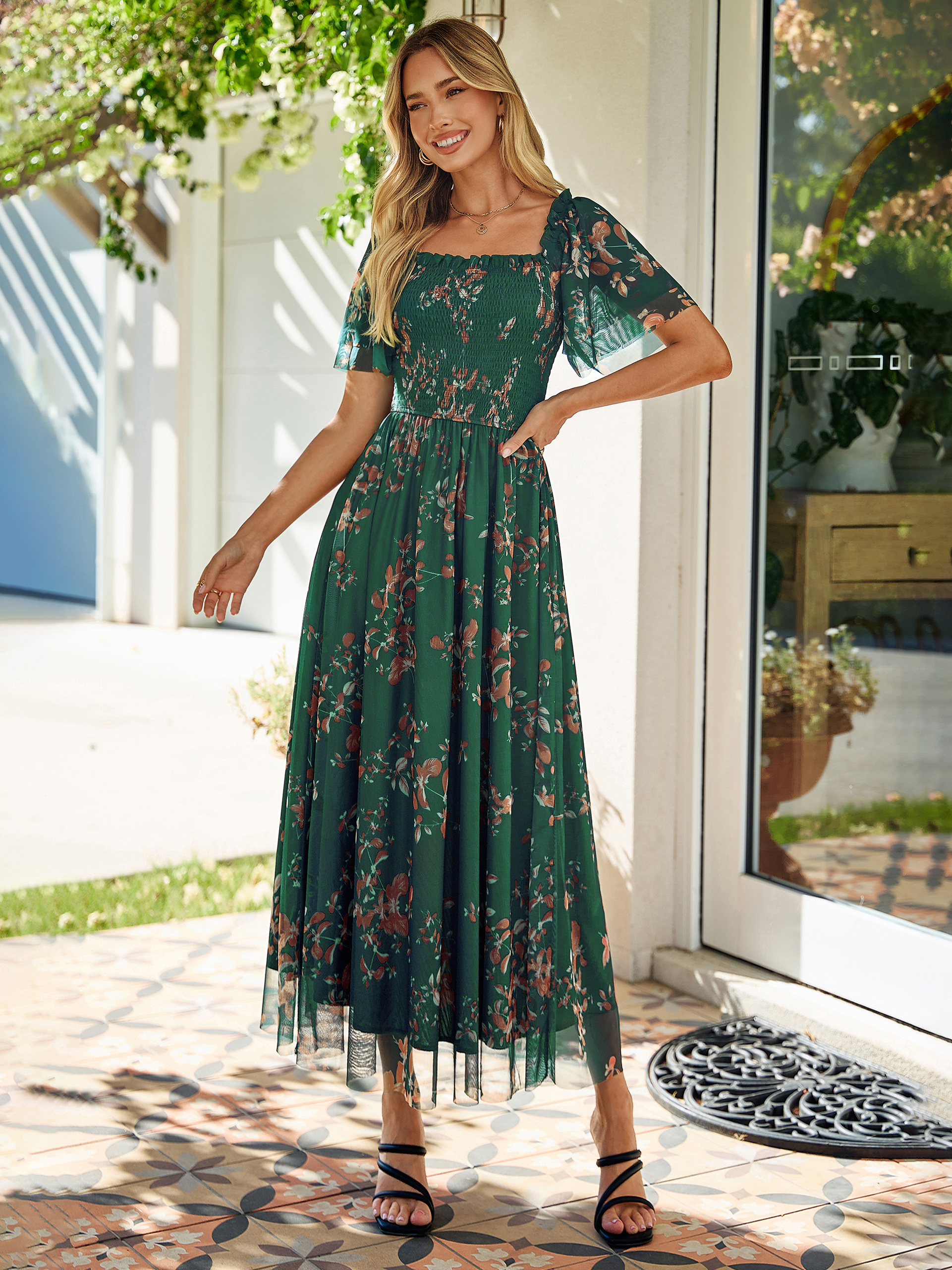 Floral Square Neck Smocked Flutter Sleeve Maxi Dress
