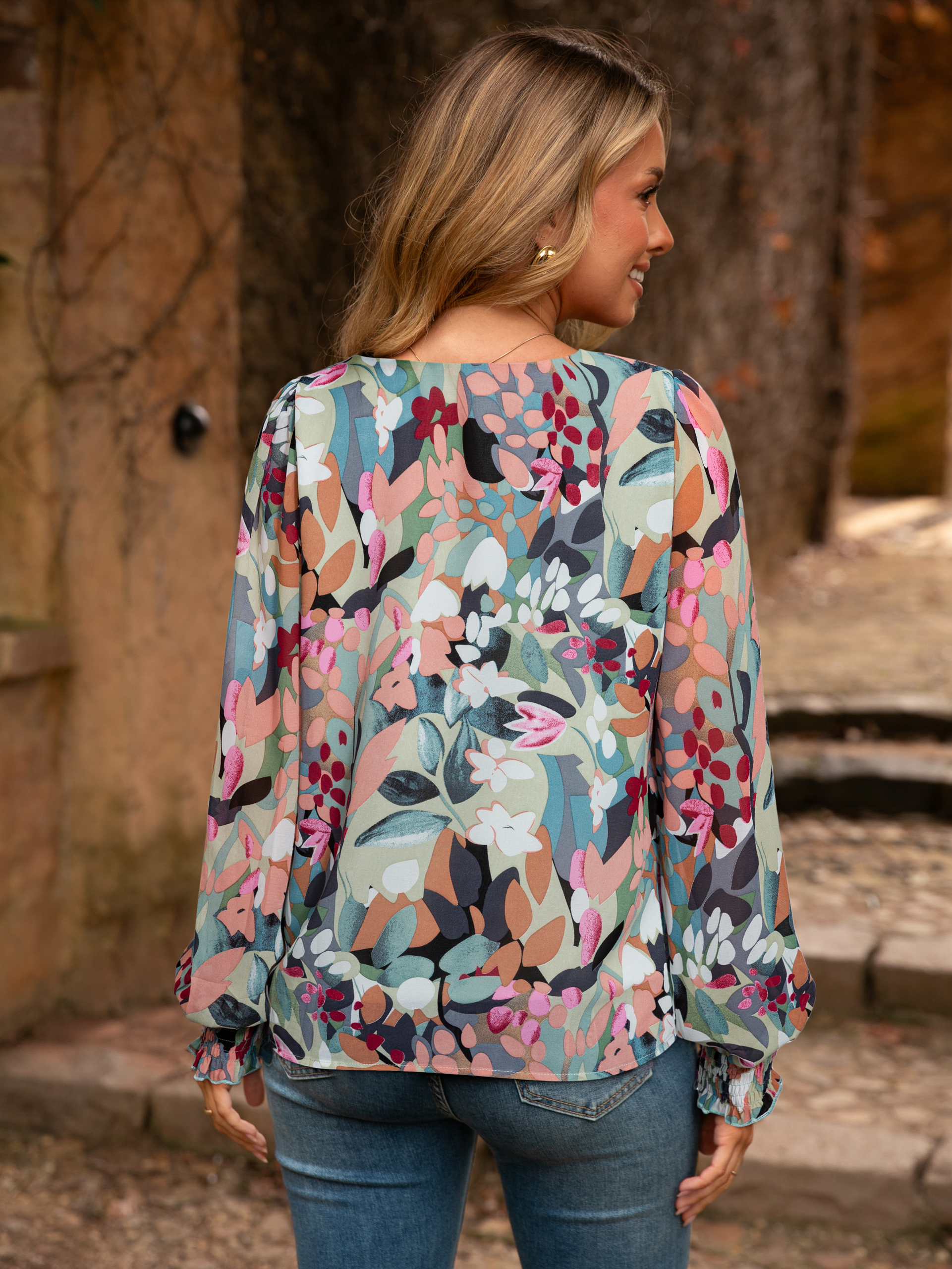 Floral V Neck Long Sleeve Blouse