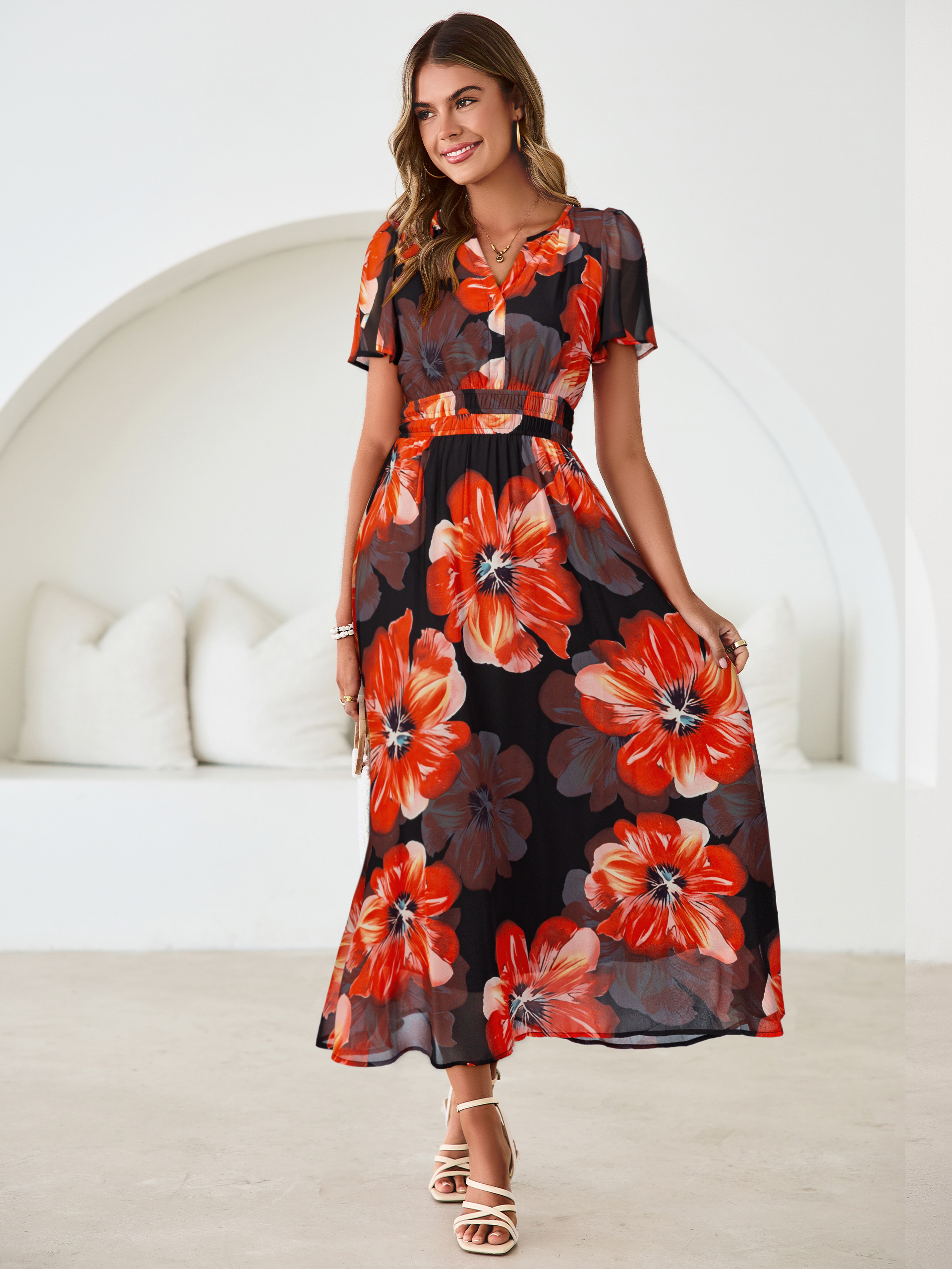 Floral V-Neck Smocked Waist Maxi Dress