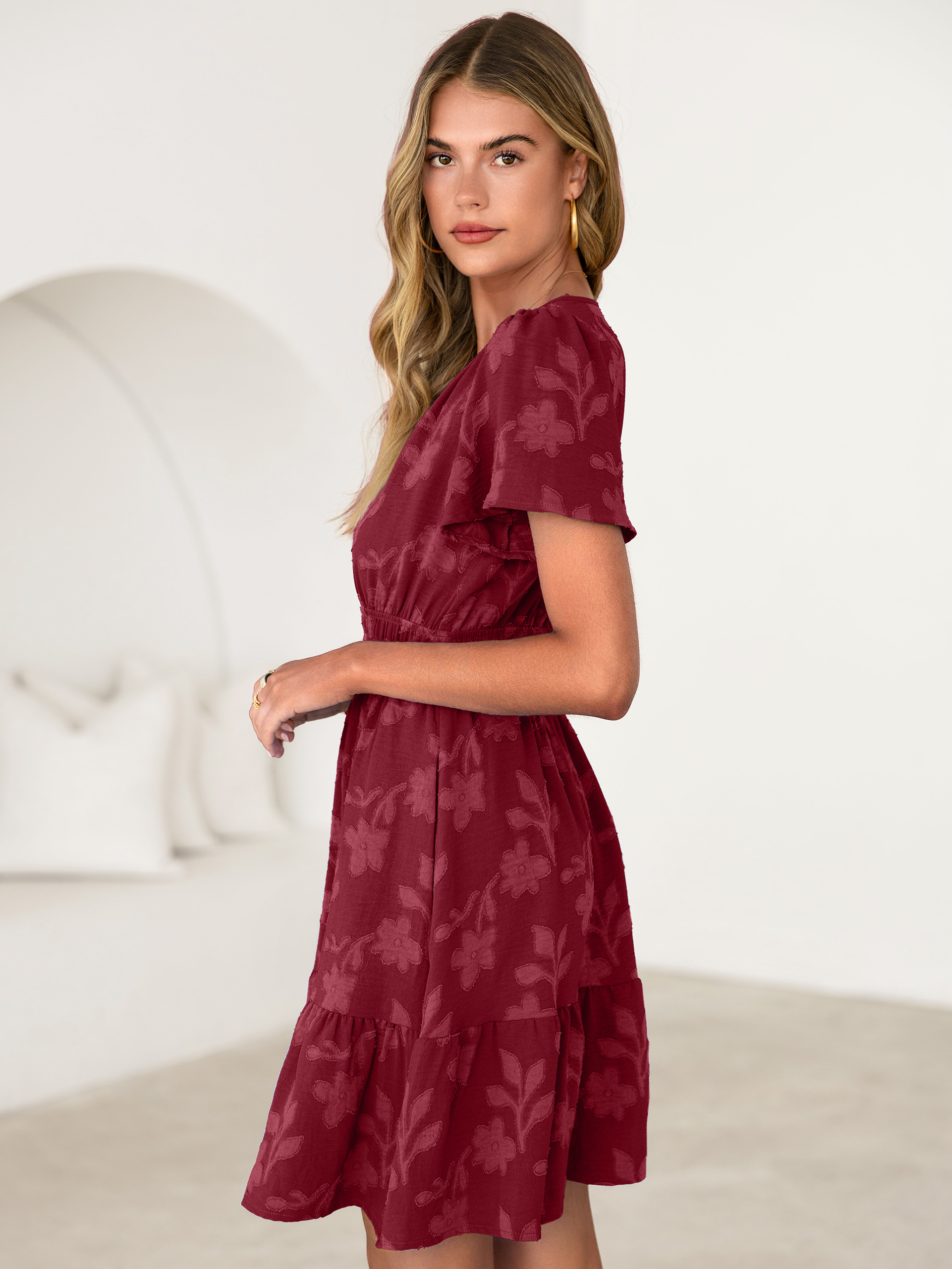 Floral Jacquard V Neck Short Sleeve Mini Dress - Burgundy