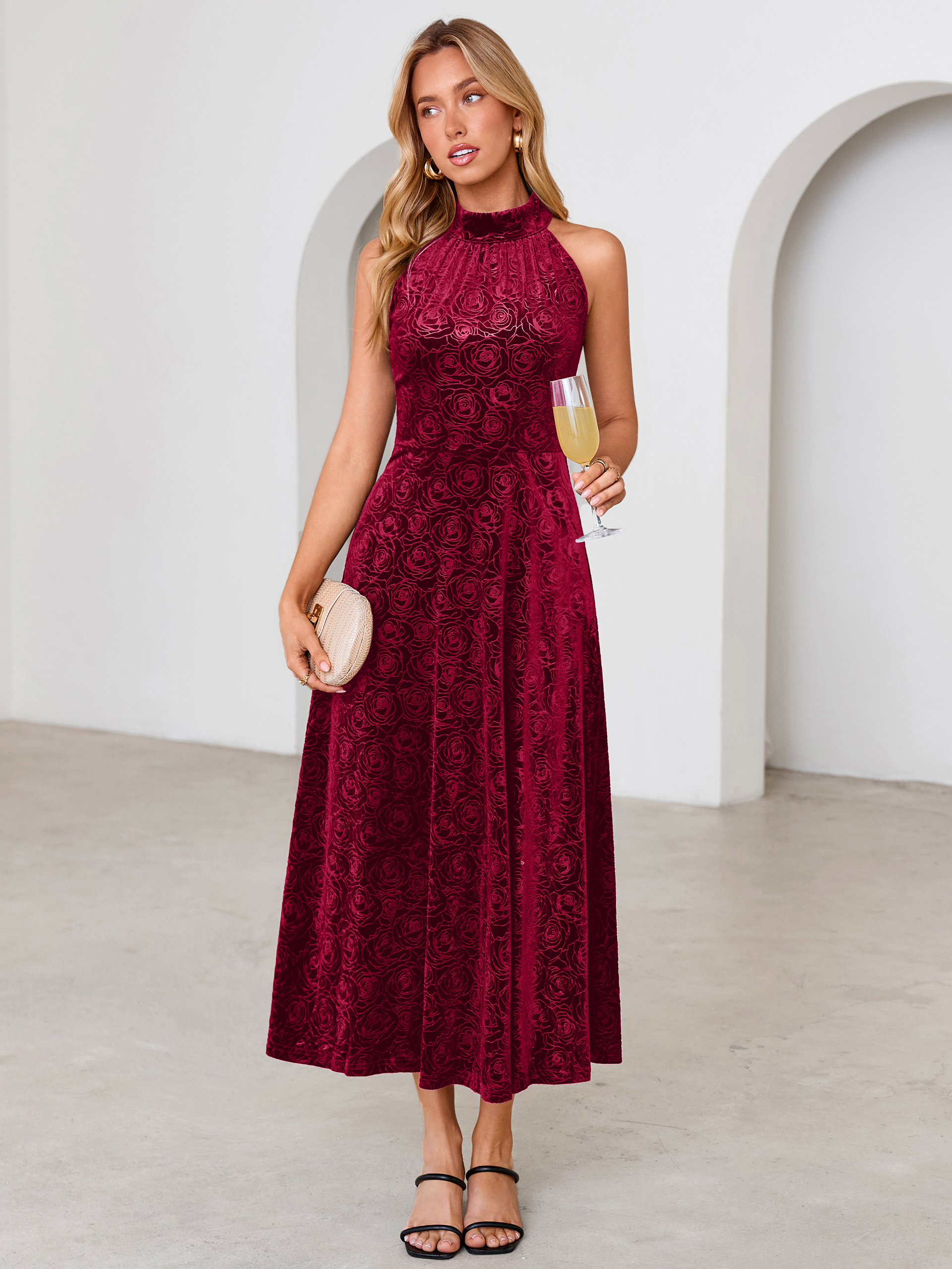 Luxurious Halter Neck Embossed Velvet Maxi Dress