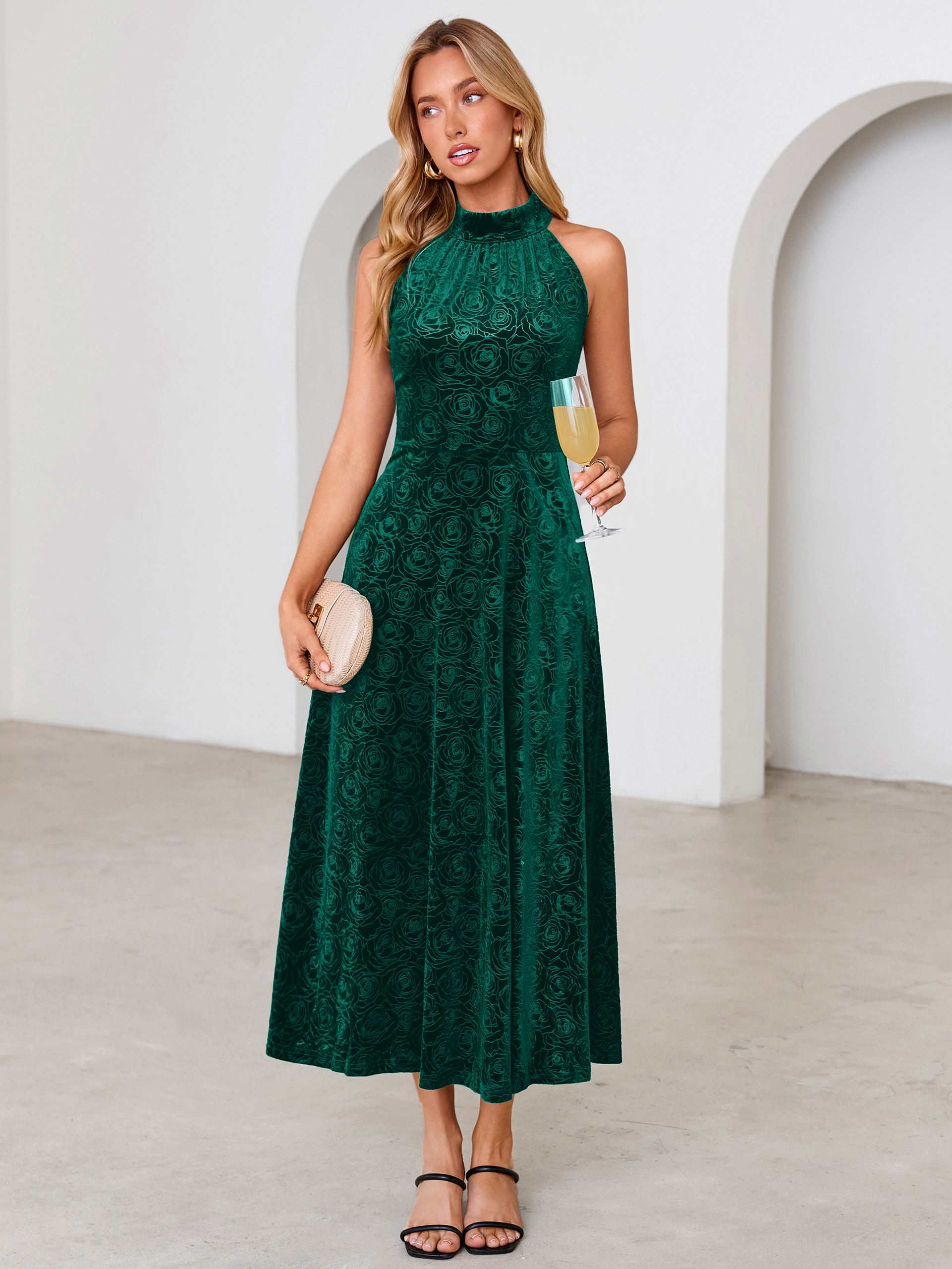 Luxurious Halter Neck Embossed Velvet Maxi Dress