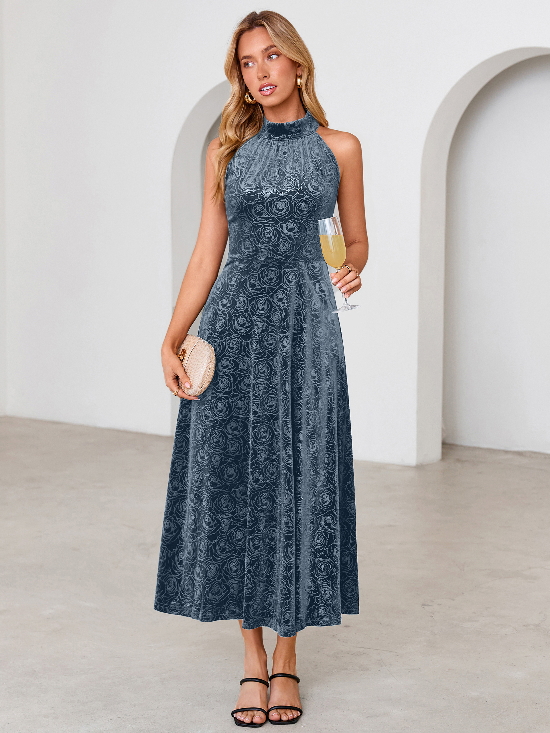 Luxurious Halter Neck Embossed Velvet Maxi Dress