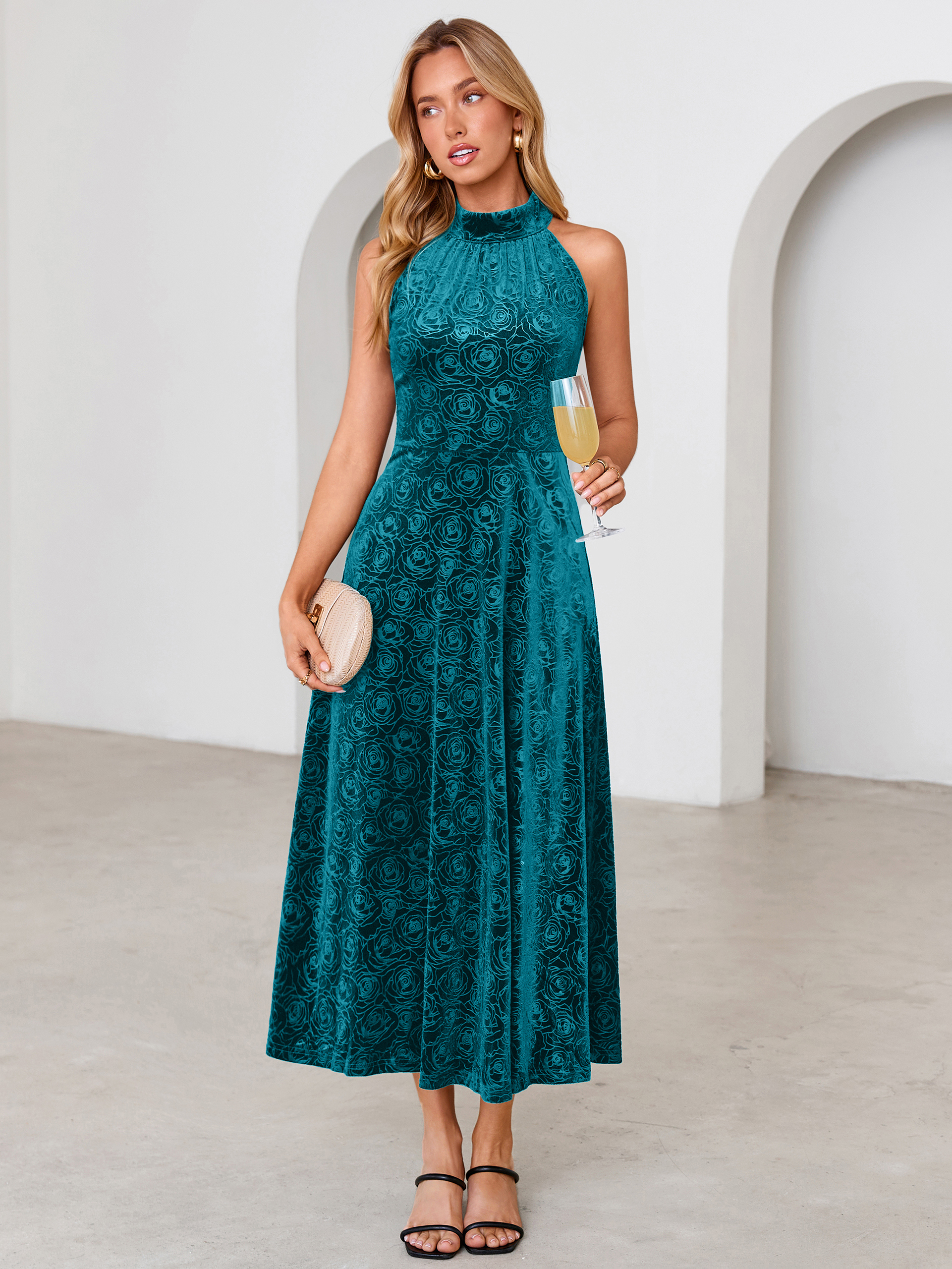 Luxurious Halter Neck Embossed Velvet Maxi Dress