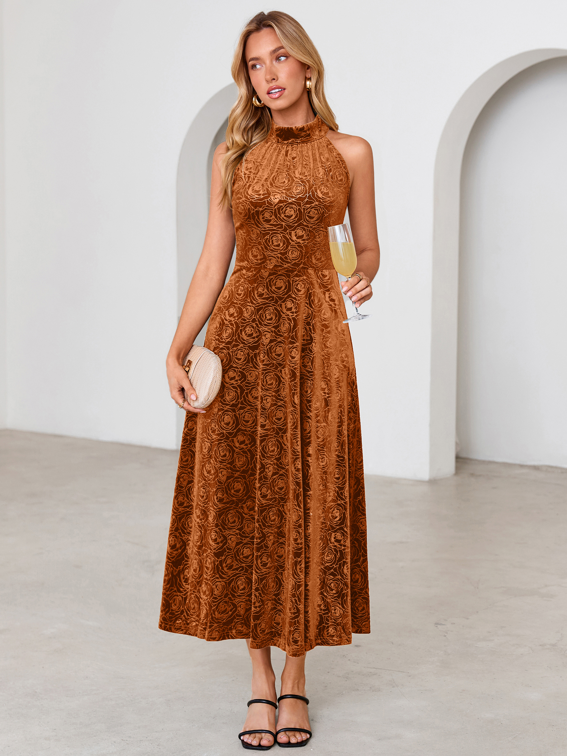 Luxurious Halter Neck Embossed Velvet Maxi Dress