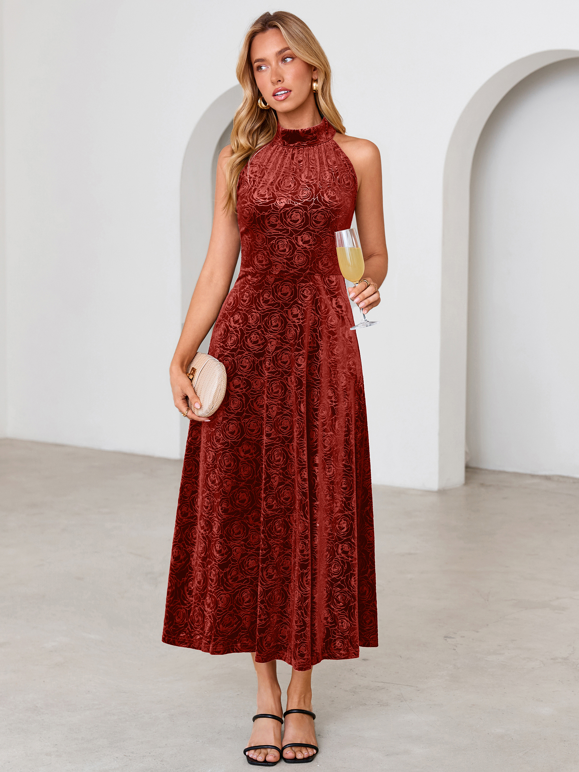 Luxurious Halter Neck Embossed Velvet Maxi Dress
