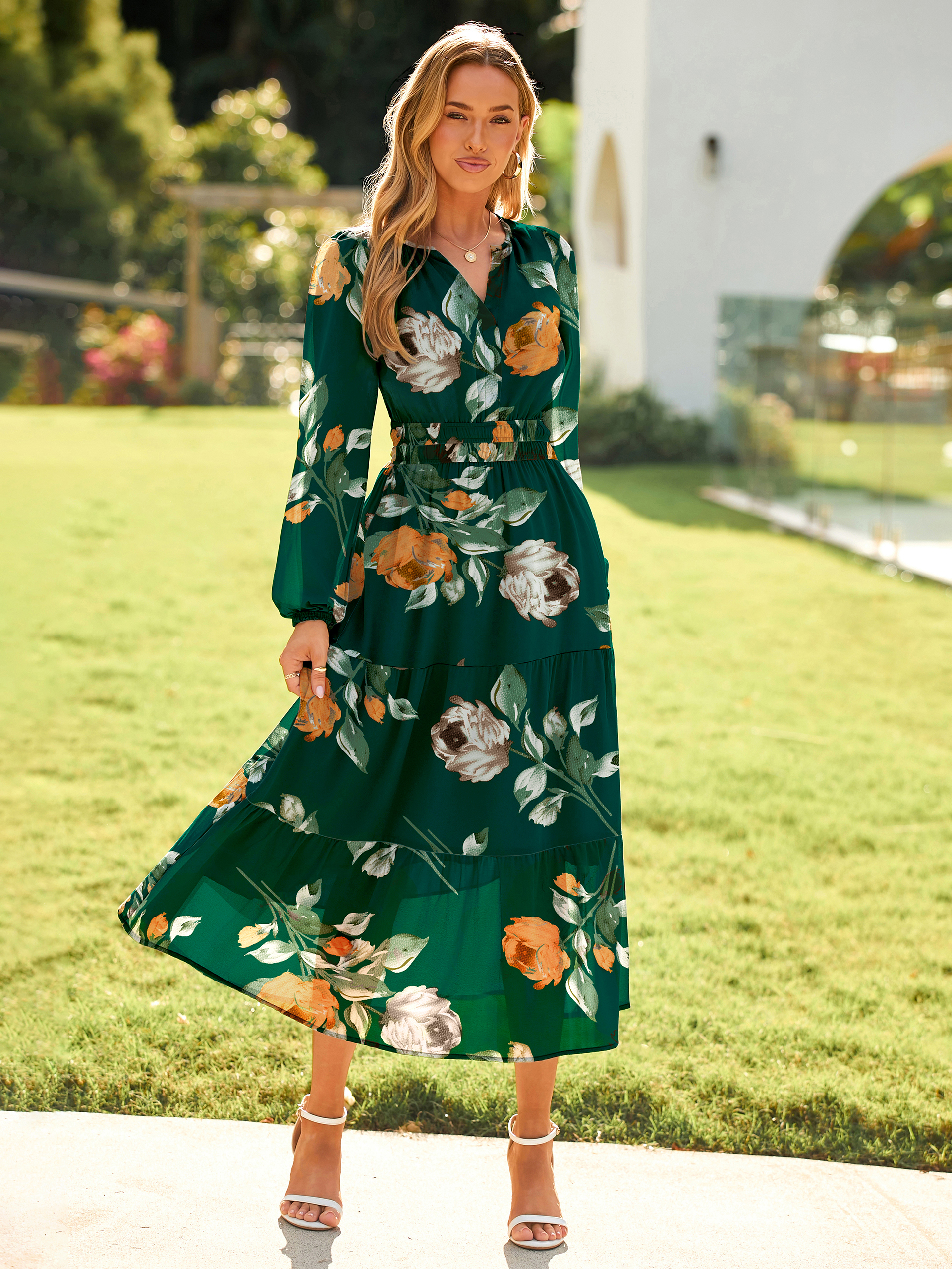 Boho Floral Long Sleeve Wedding Guest Maxi Dress