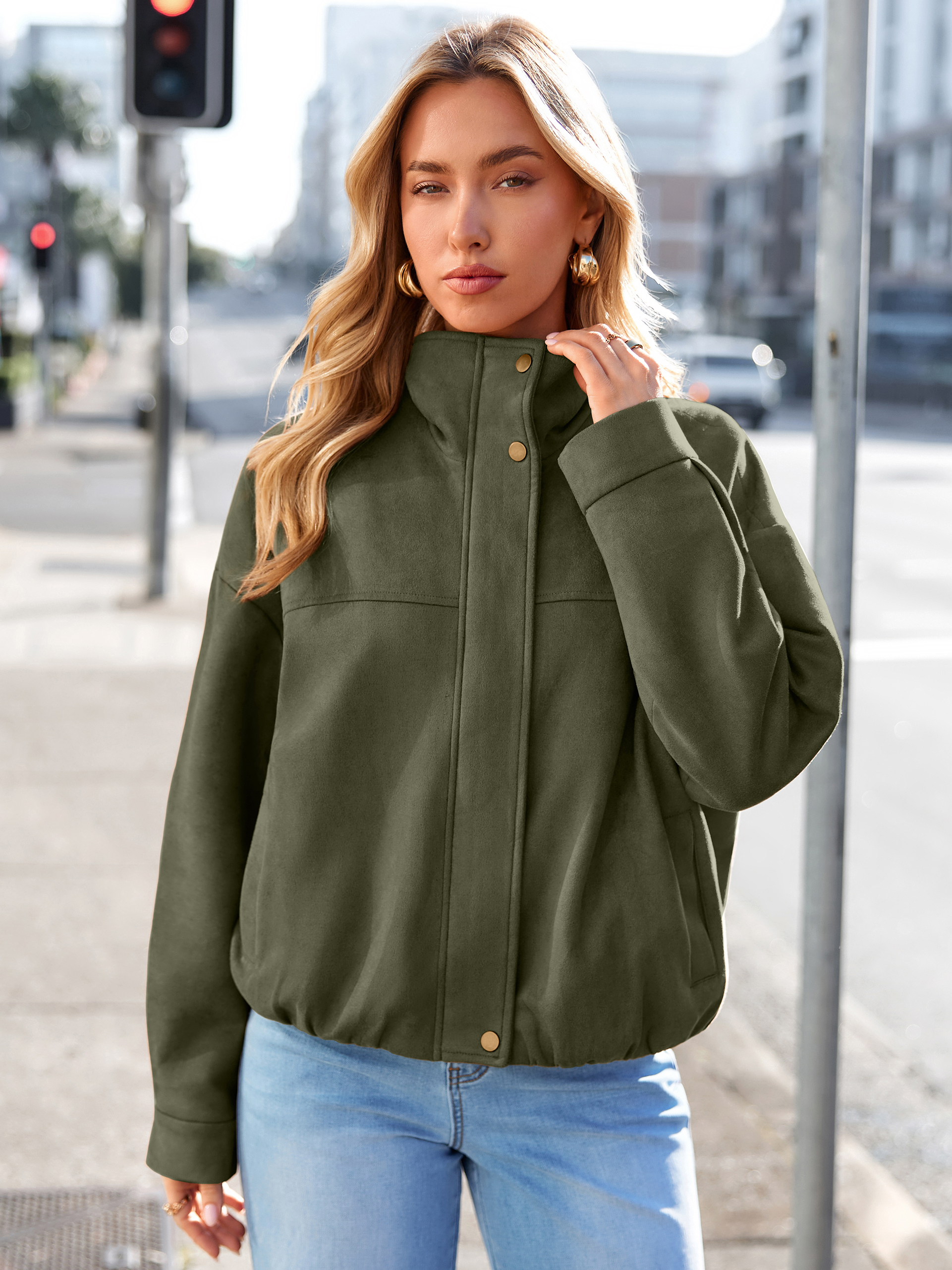 Casual Lapel Zip Front Faux Suede Bomber Jacket