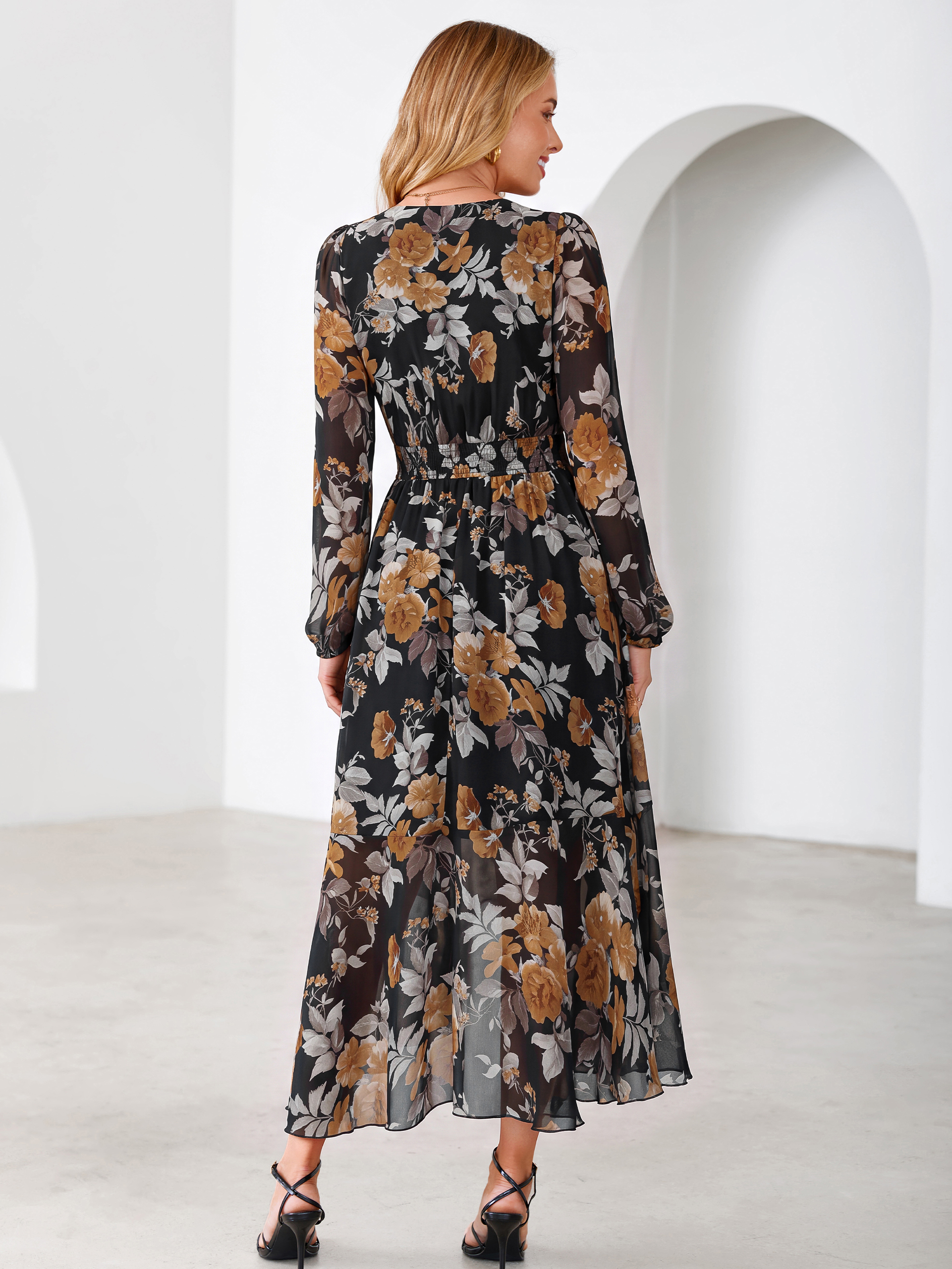 Tulle Floral Print Long Sleeve Asymmetrical Maxi Dress
