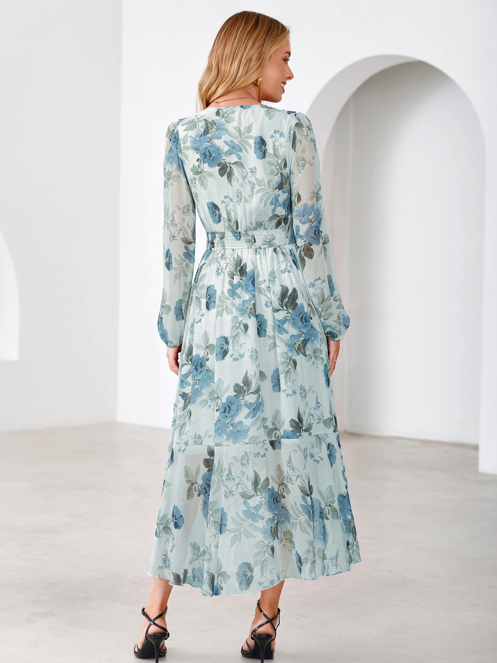 Tulle Floral Print Long Sleeve Asymmetrical Maxi Dress