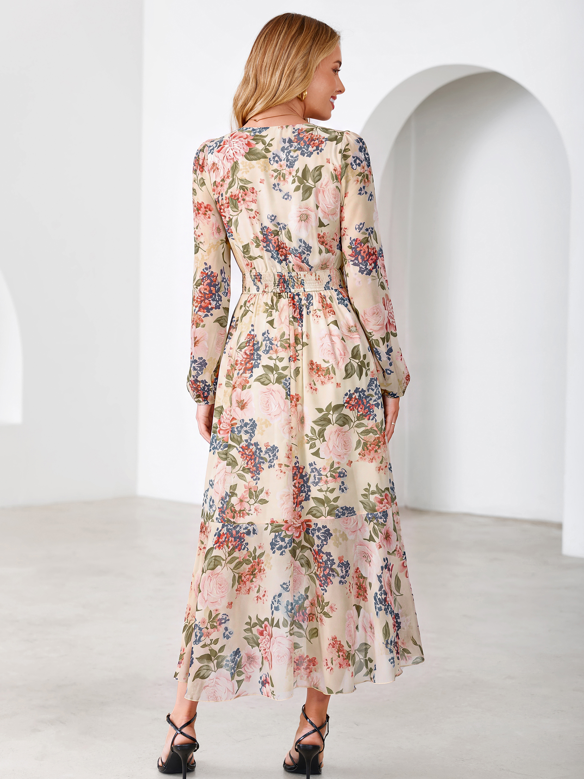 Tulle Floral Print Long Sleeve Asymmetrical Maxi Dress