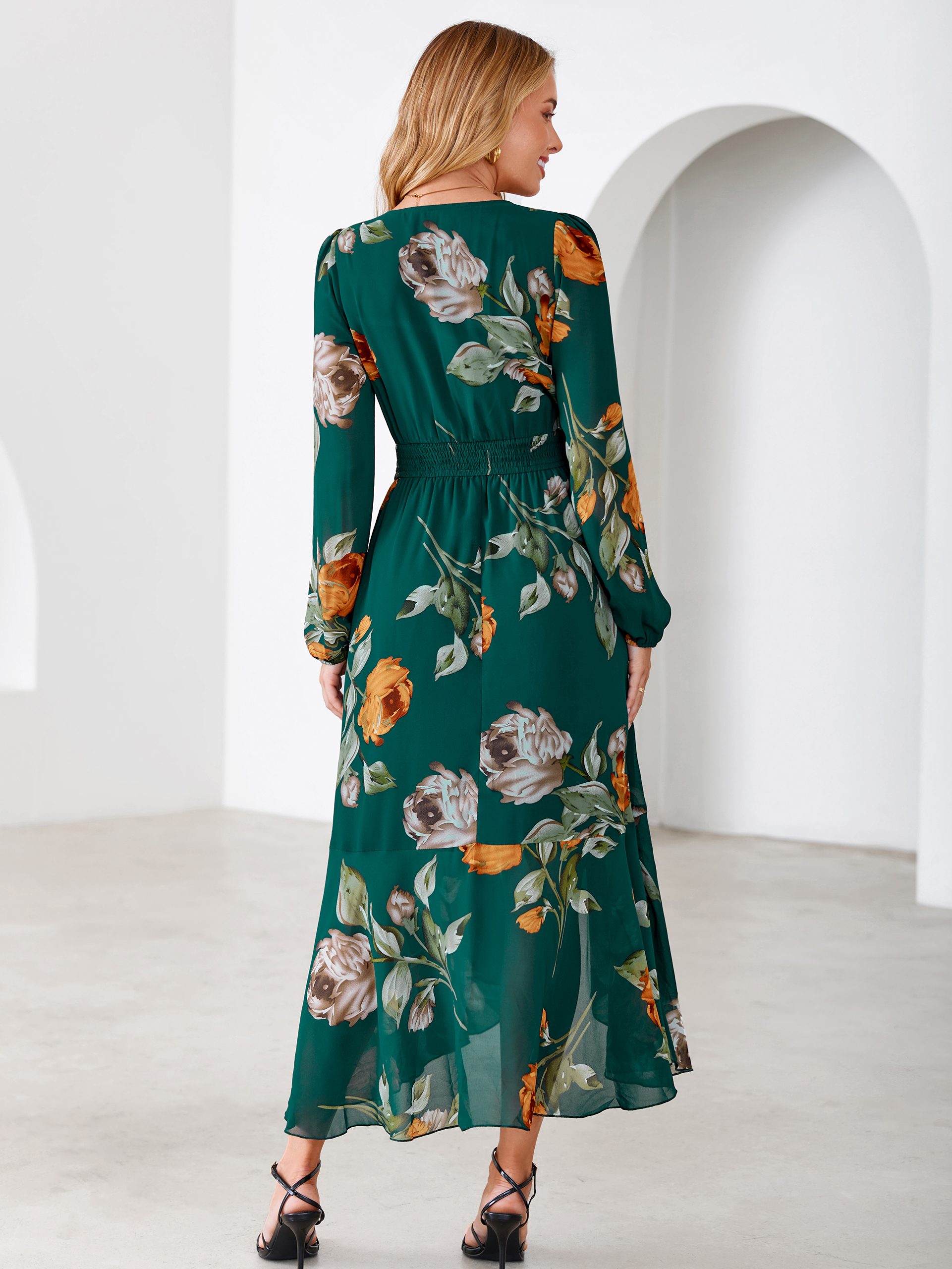 Tulle Floral Print Long Sleeve Asymmetrical Maxi Dress