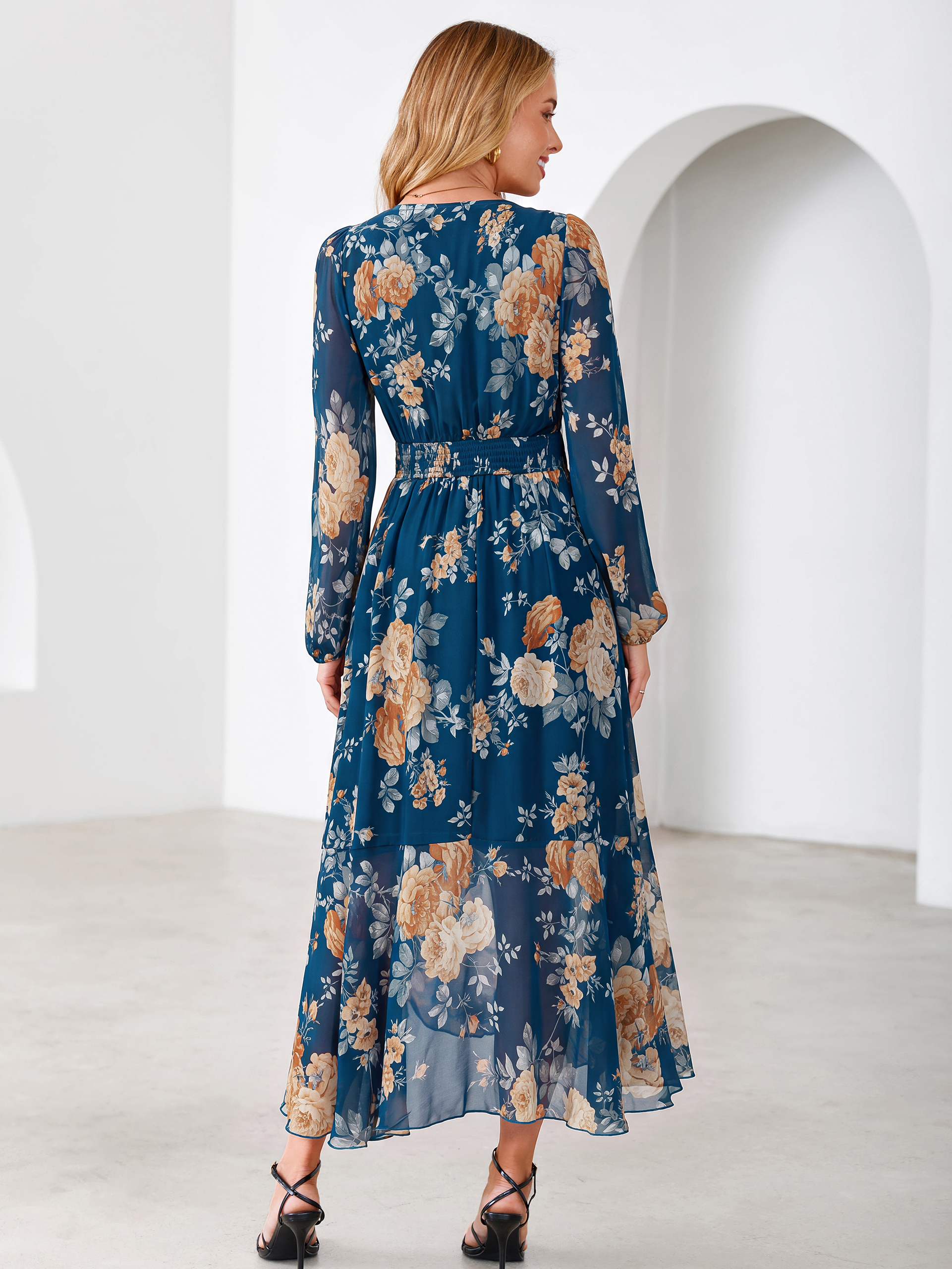 Tulle Floral Print Long Sleeve Asymmetrical Maxi Dress