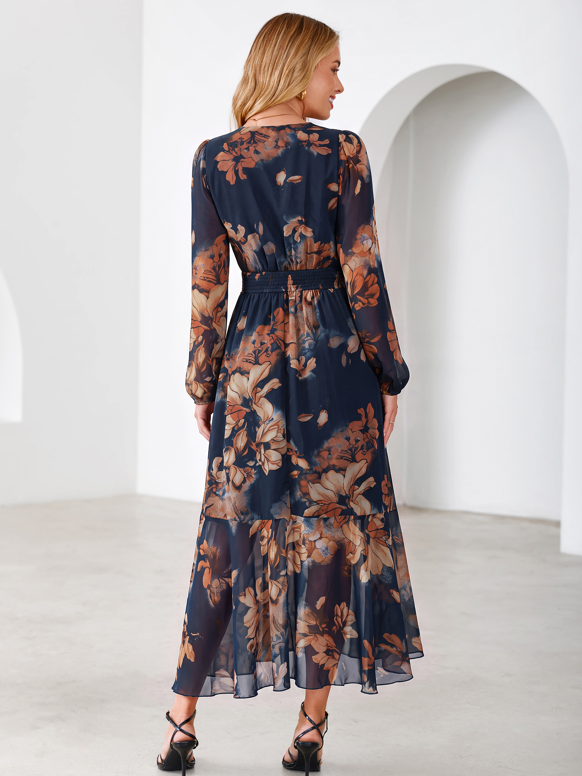 Tulle Floral Print Long Sleeve Asymmetrical Maxi Dress
