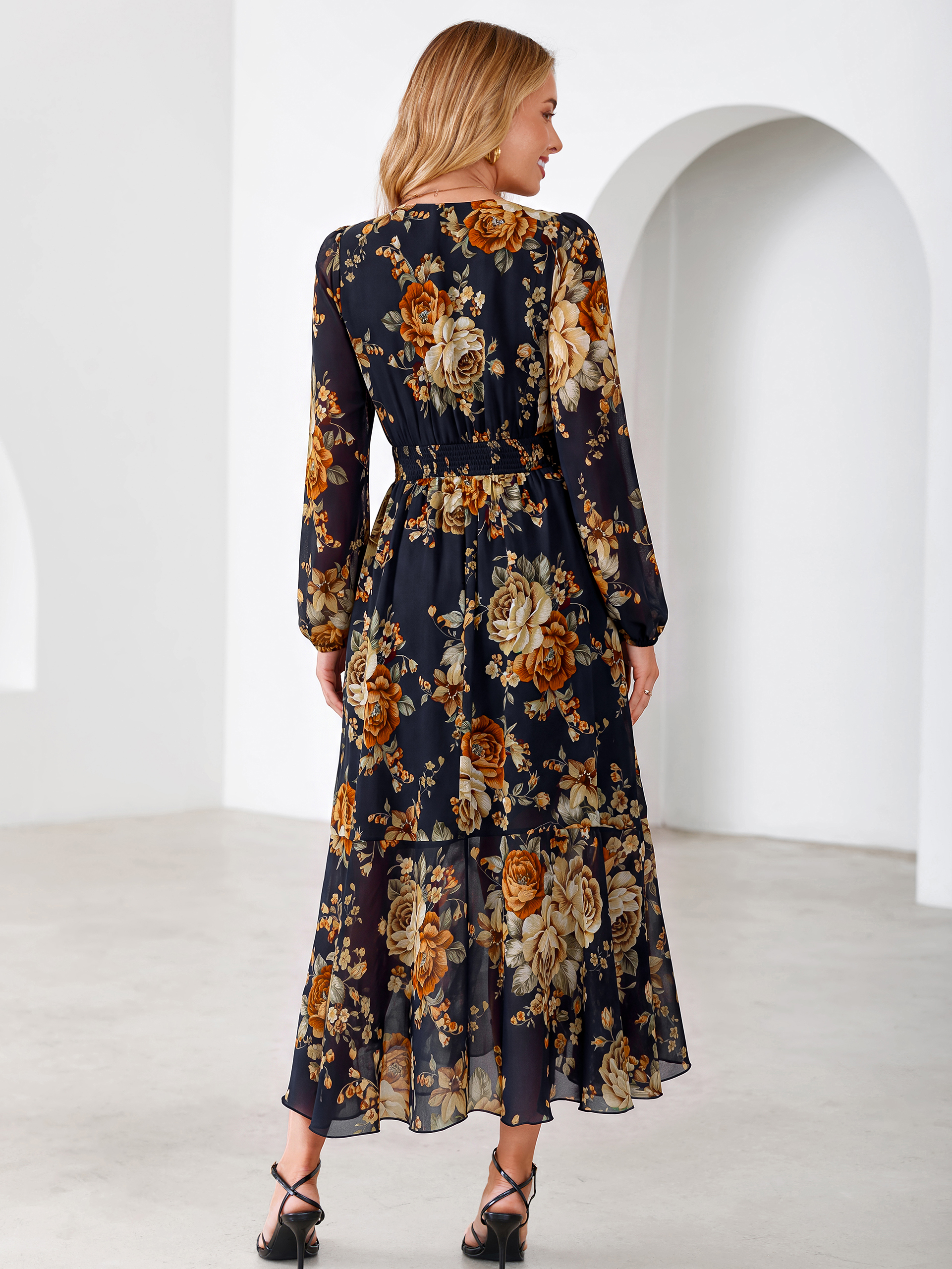Tulle Floral Print Long Sleeve Asymmetrical Maxi Dress