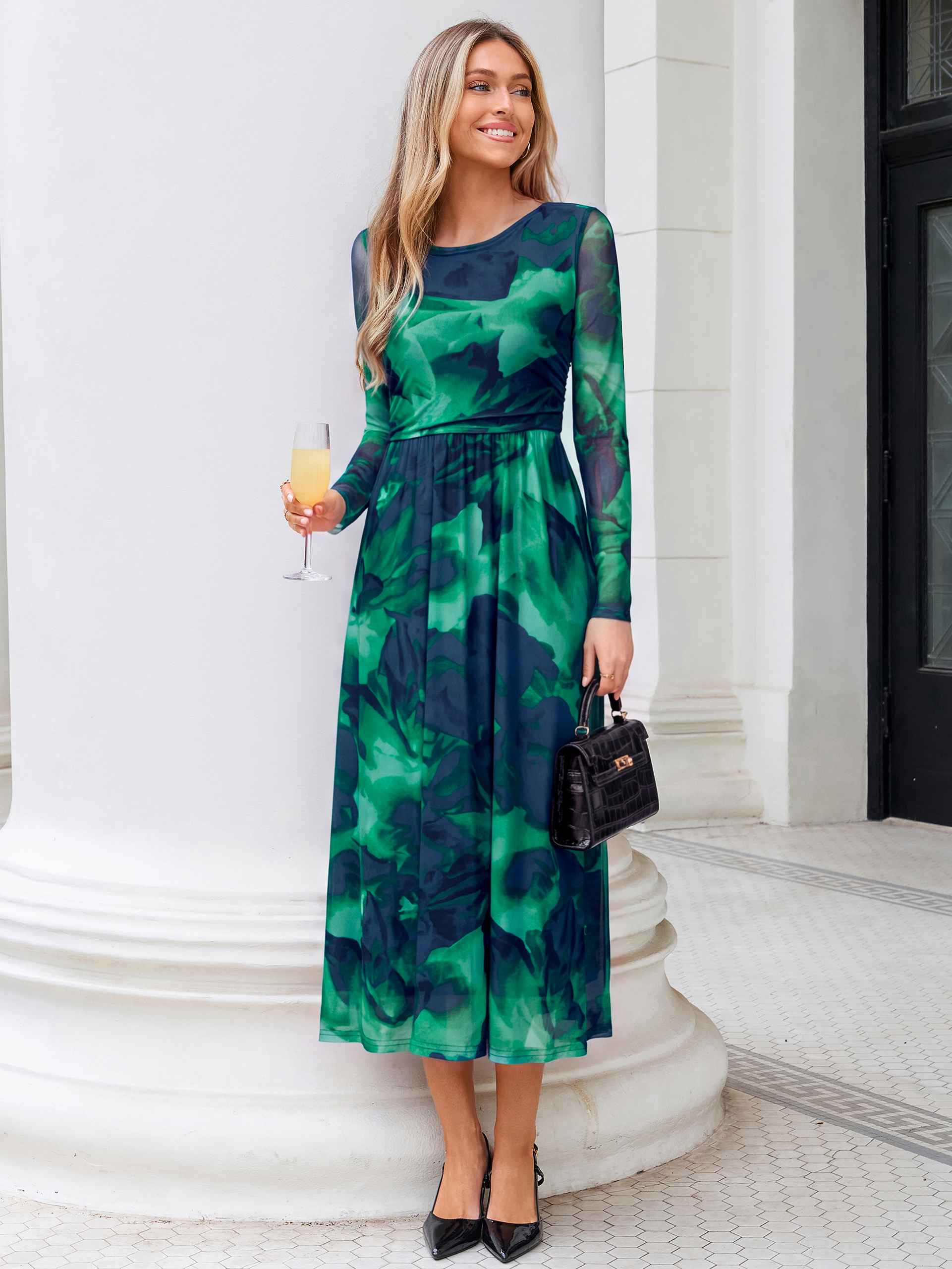 Floral Print Long Sleeve Boat Neck Mesh Maxi Dress