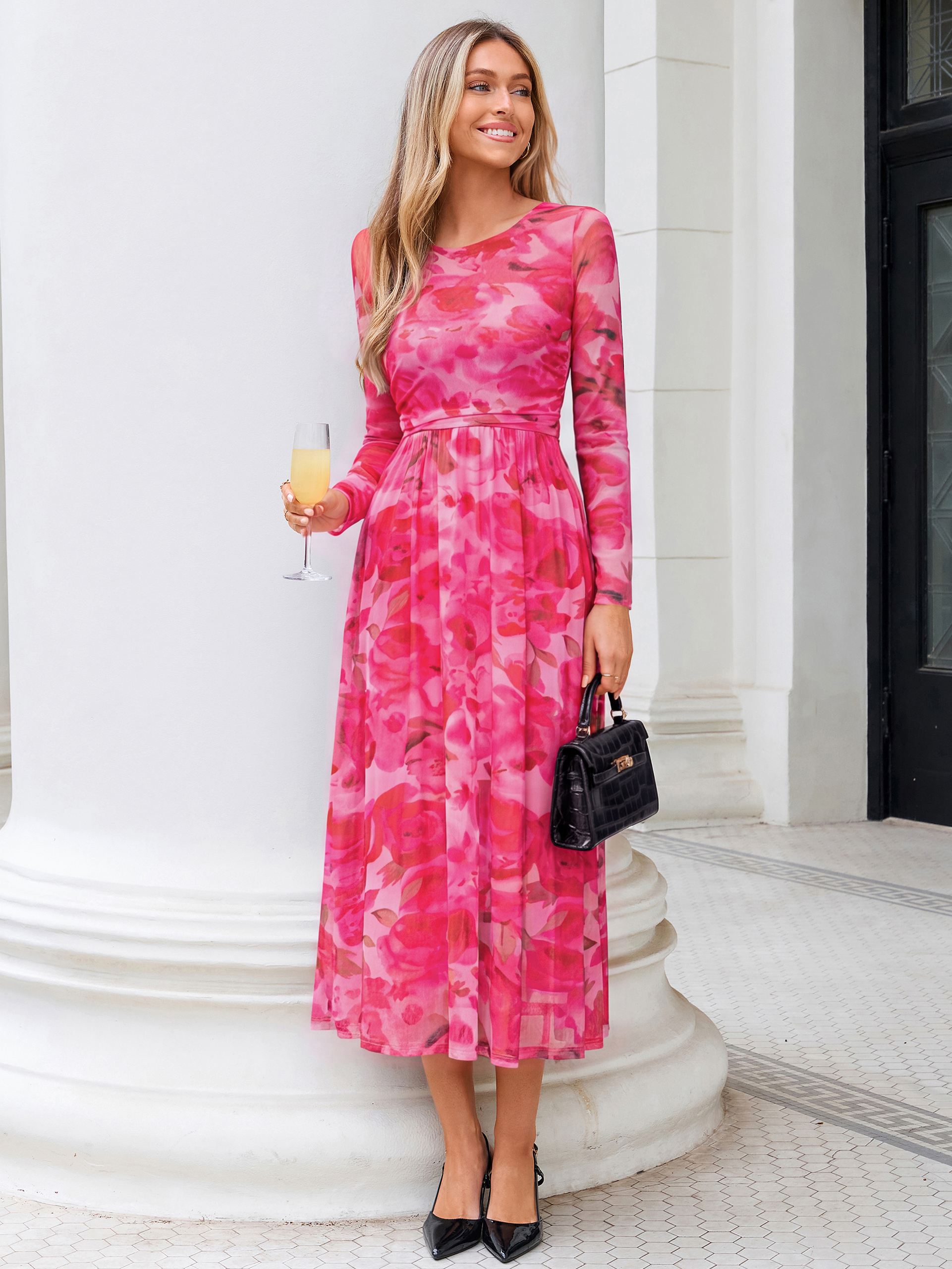 Floral Print Long Sleeve Boat Neck Mesh Maxi Dress