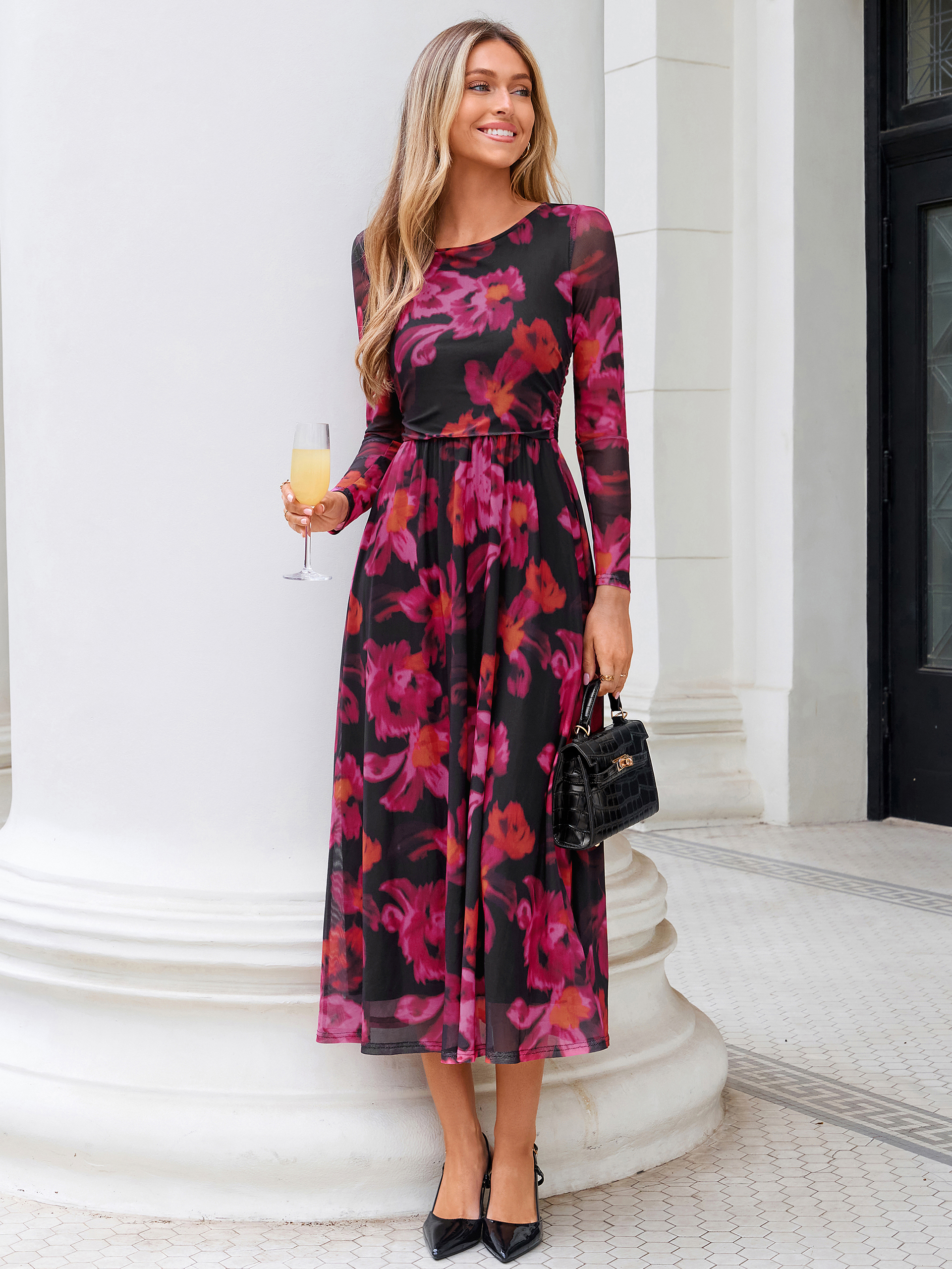 Floral Print Long Sleeve Boat Neck Mesh Maxi Dress