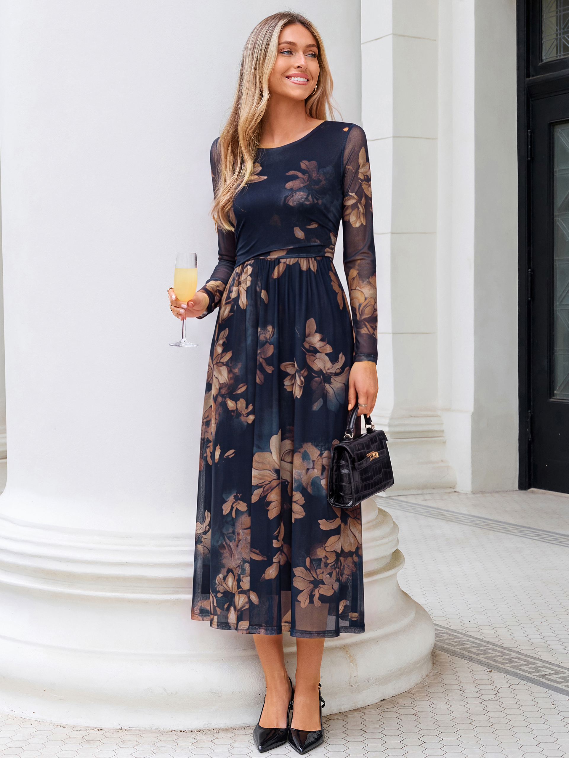 Floral Print Long Sleeve Boat Neck Mesh Maxi Dress