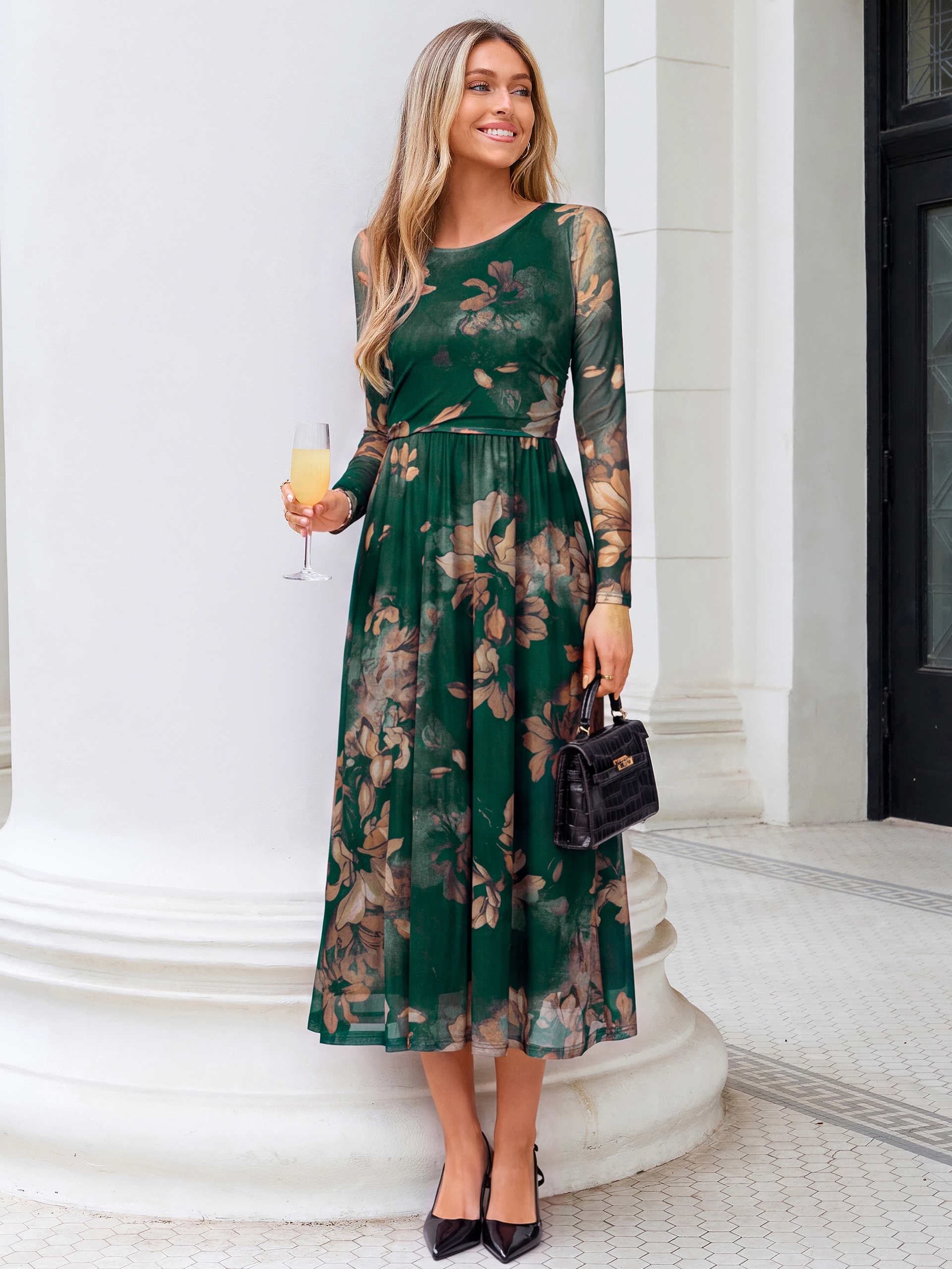 Floral Print Long Sleeve Boat Neck Mesh Maxi Dress