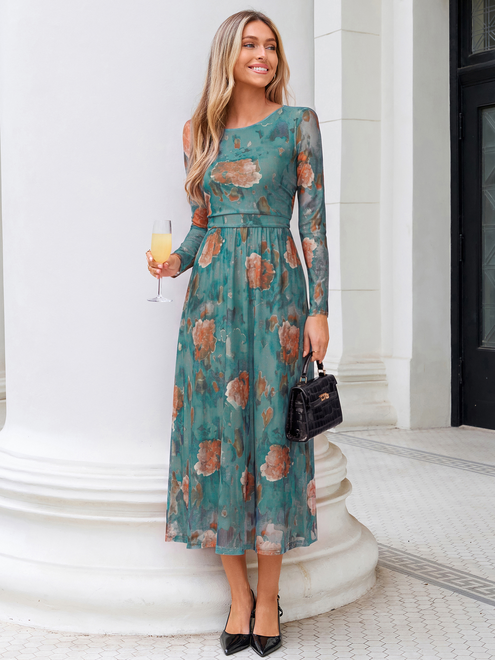 Floral Print Long Sleeve Boat Neck Mesh Maxi Dress