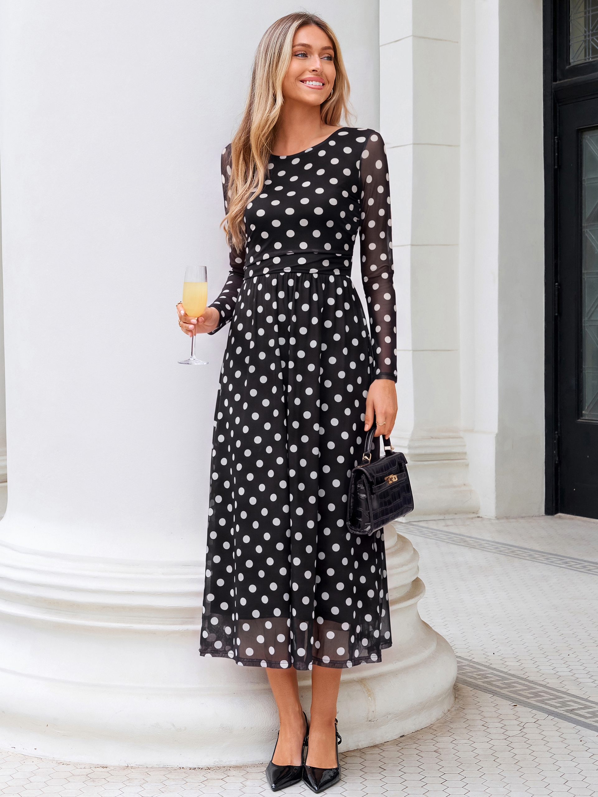 Polka Dot Print Boat Neck Sheer Sleeve Maxi Dress